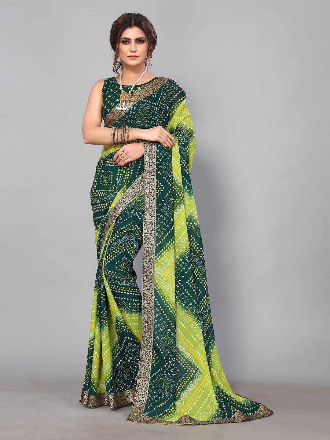 

KALINI Zari Bandhani Printed Saree, Green