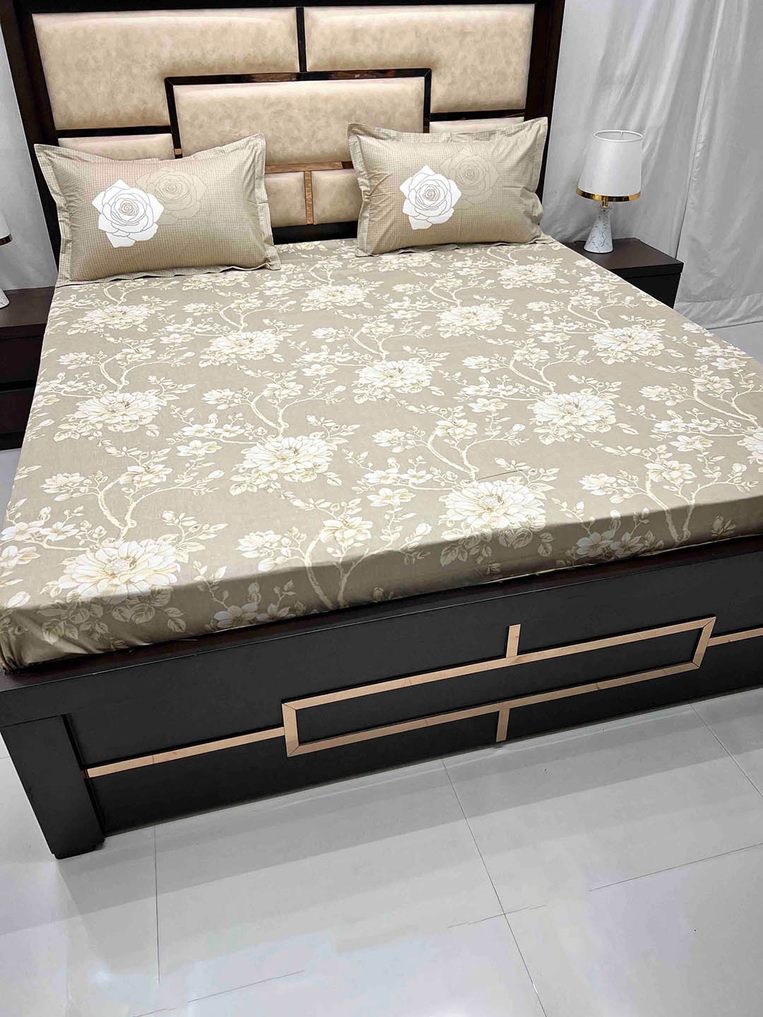 

Pure Decor Lifestyle Beige Printed Cotton 350 TC King Bedsheet with 2 Pillow Covers