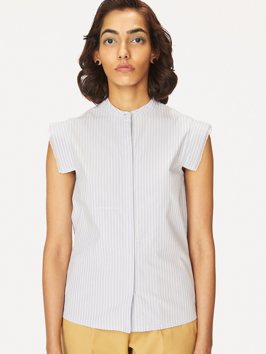 

Bhaane Striped Pure Cotton Shirt Style Top, Blue