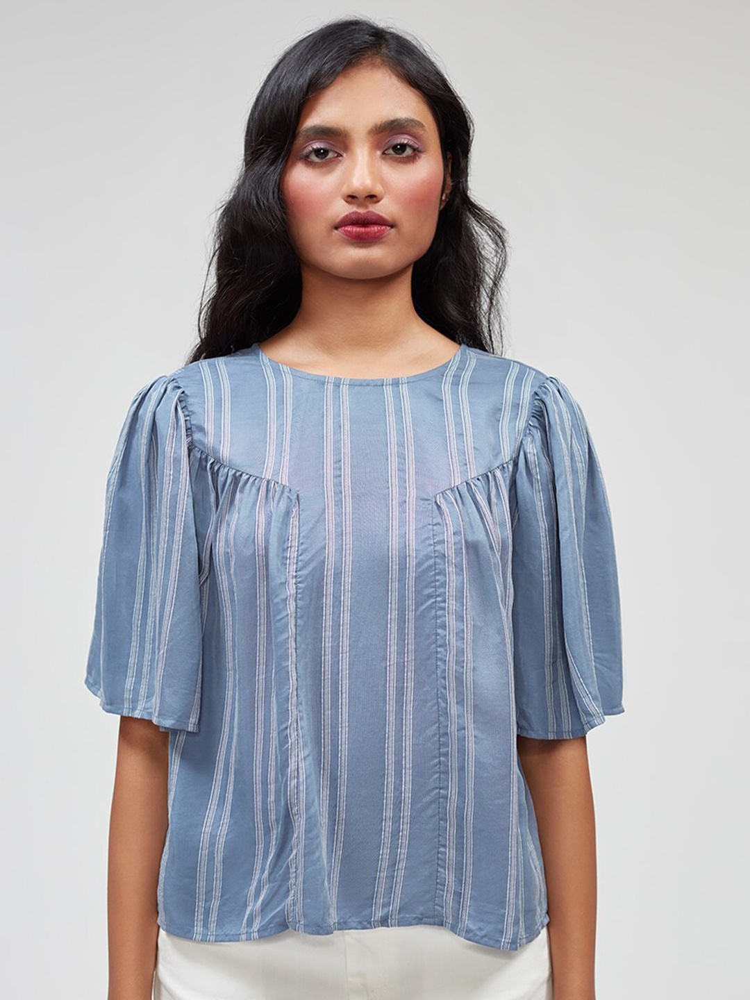 

Bhaane Striped Flared Sleeve Cape Top, Blue