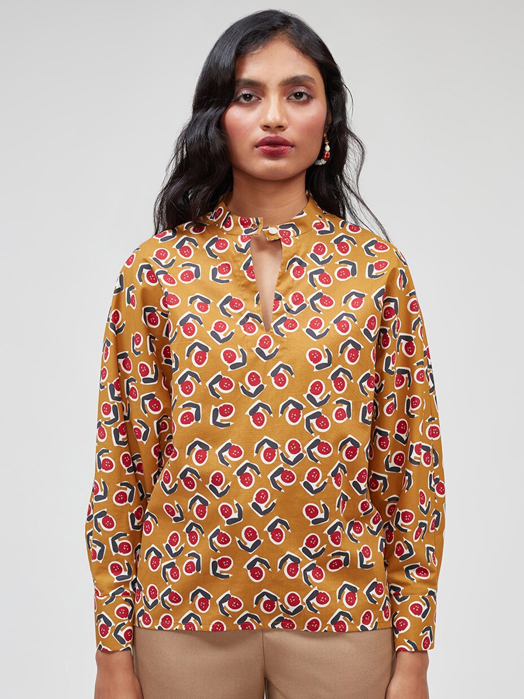 

Bhaane Geometric Printed Keyhole Neck Cotton Top, Mustard