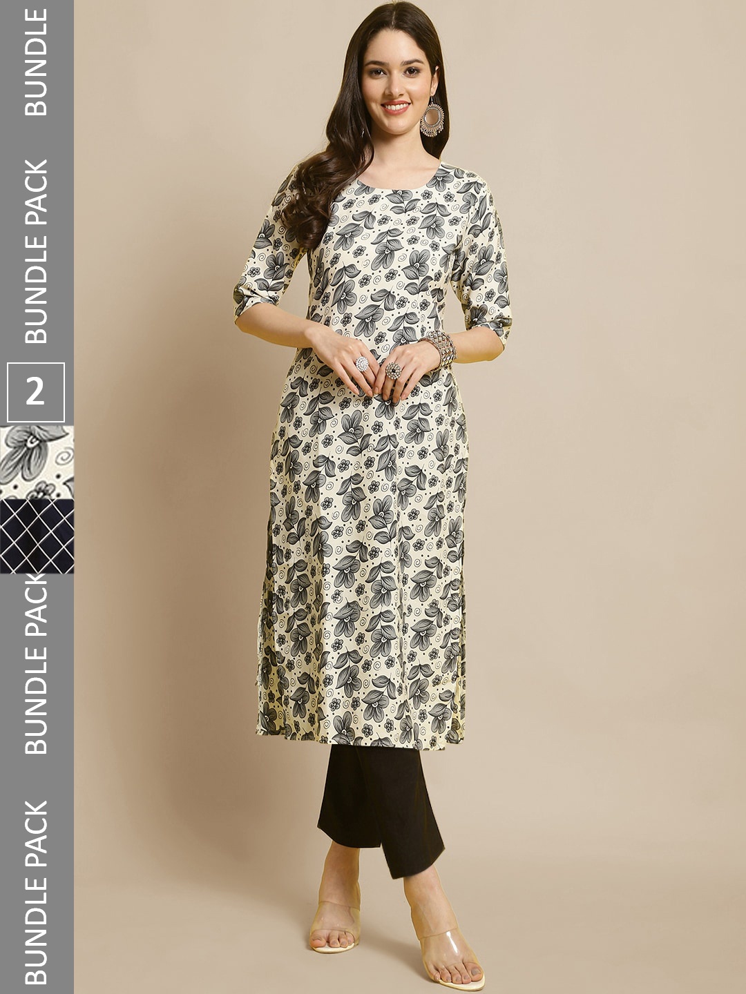 

7Threads Selection Of 2 Printed Straight Kurta With Trousers, Cream