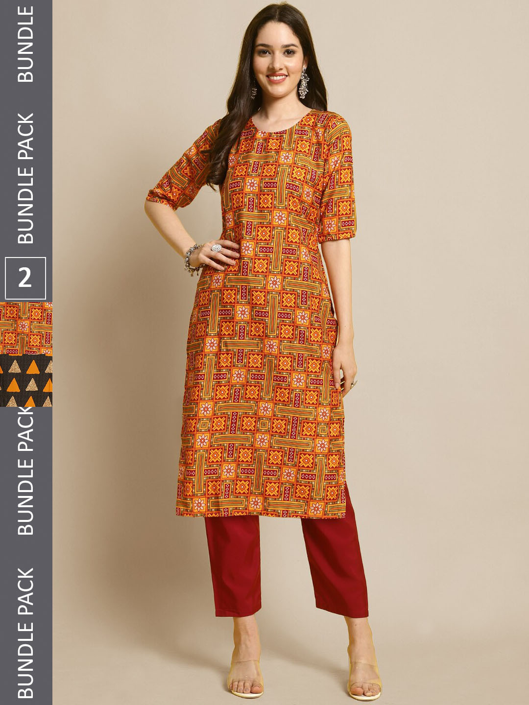 

7Threads Selection Of 2 Geometric Printed Straight Kurta With Trousers, Orange