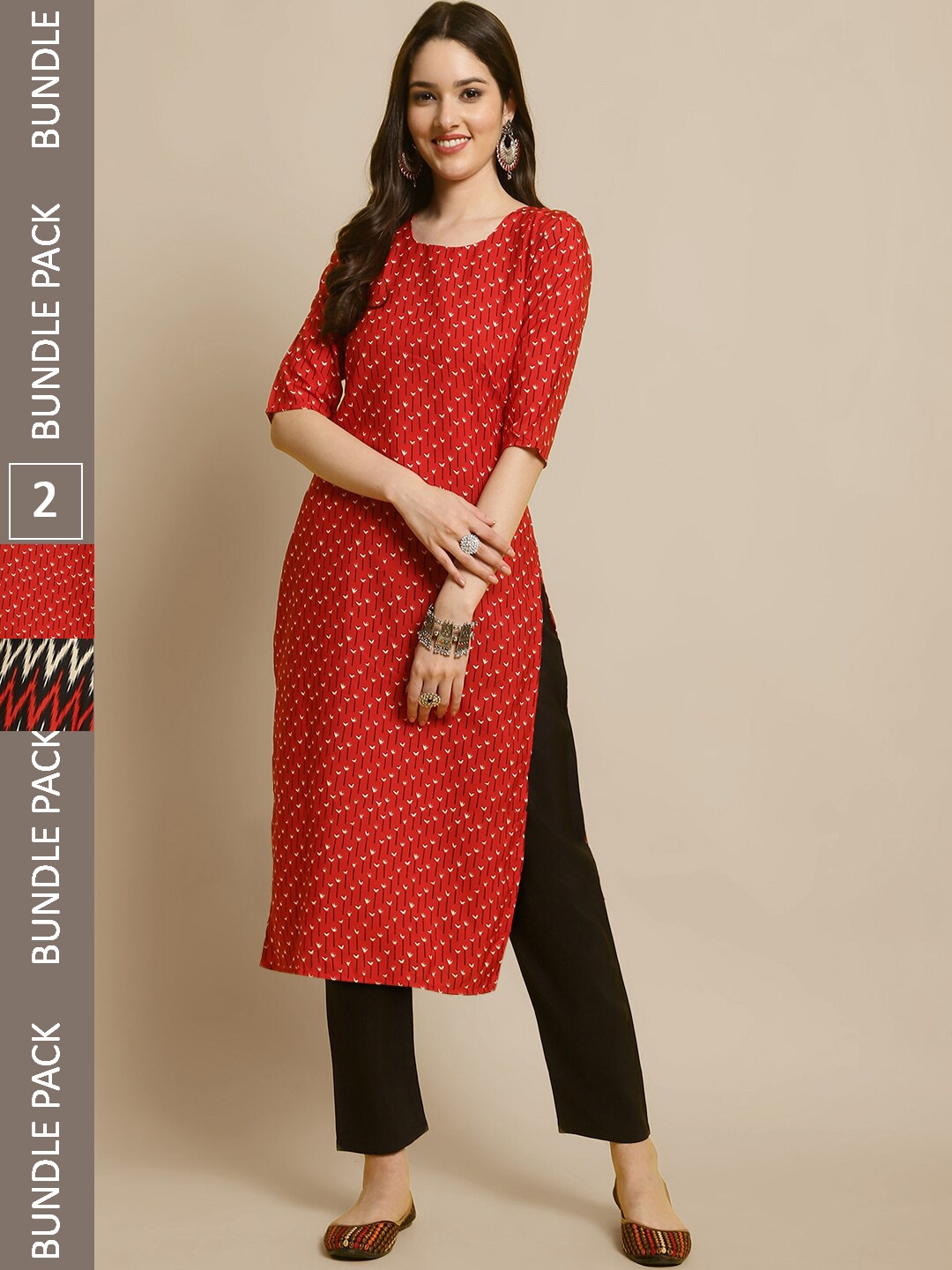 

7Threads Selection Of 2 Printed Straight Kurta With Trousers, Red