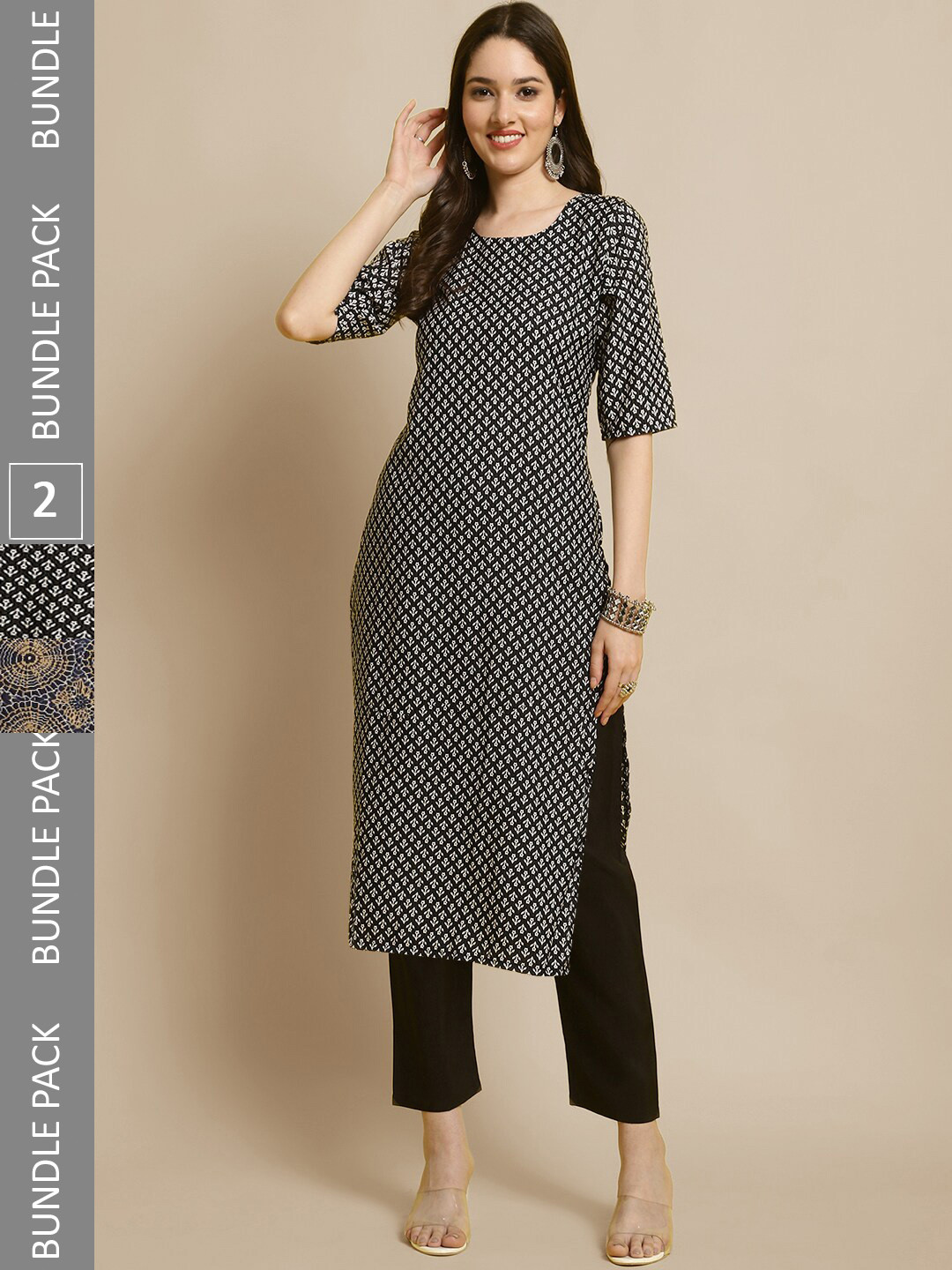 

7Threads Selection Of 2 Printed Straight Kurta With Trousers, Black
