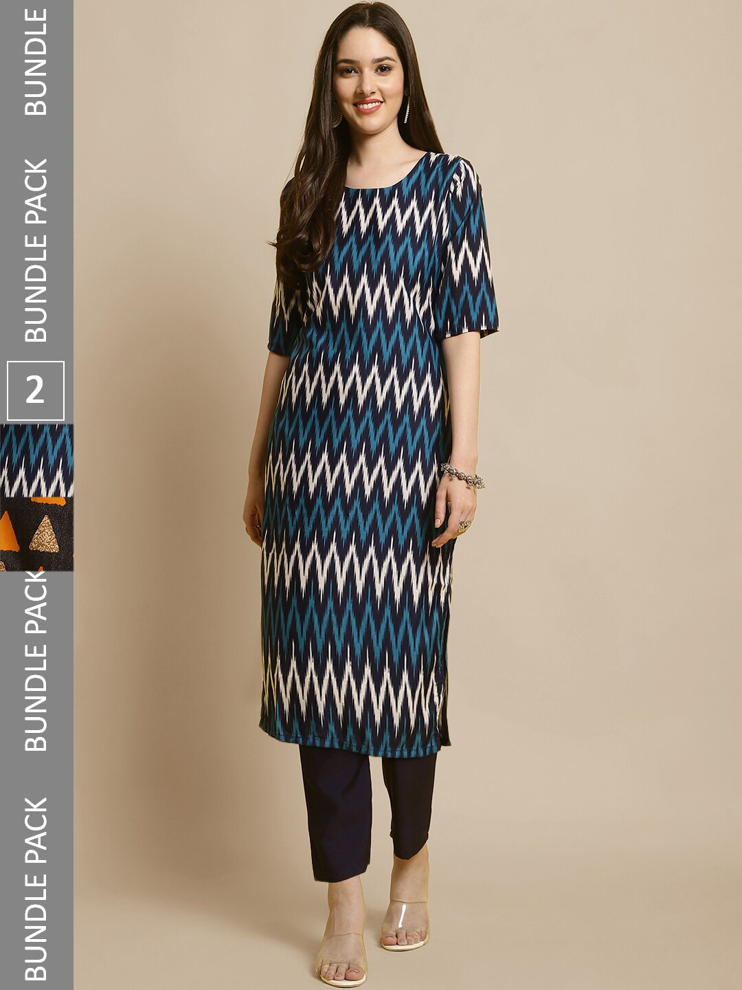

7Threads Selection Of 2 Geometric Printed Straight Kurta With Trousers, Blue