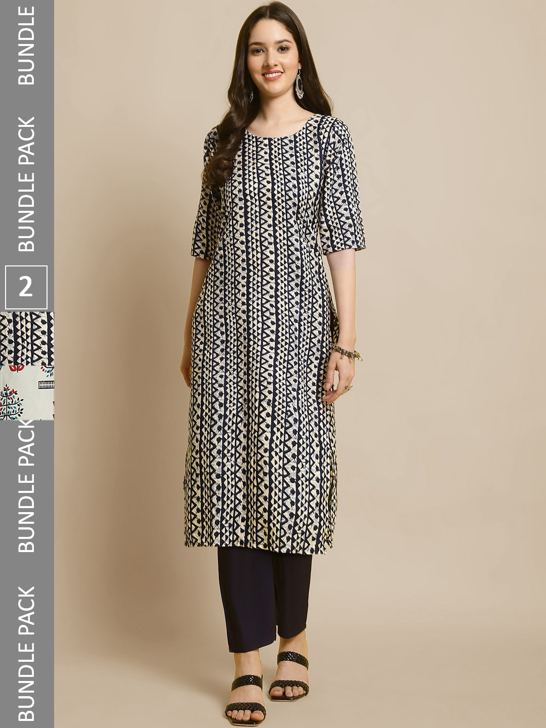 

7Threads Selection of 2 Ethnic Motifs Printed Straight Kurta with Trousers, Black