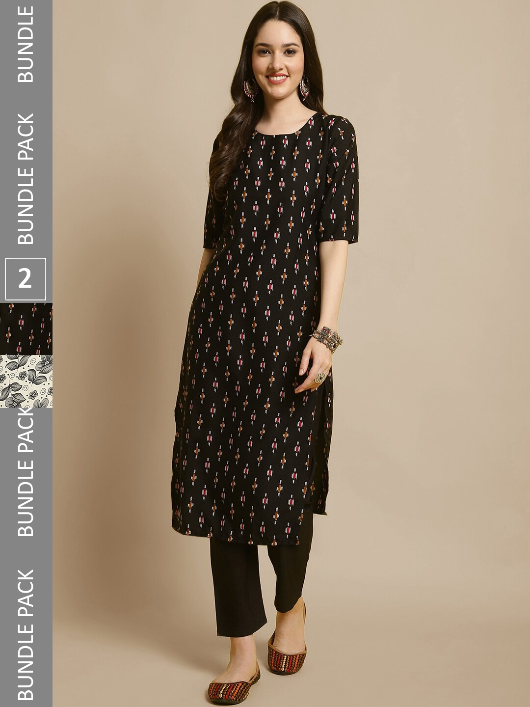 

7Threads Selection of 2 Ethnic Motifs Printed Straight Kurta with Trousers, Black