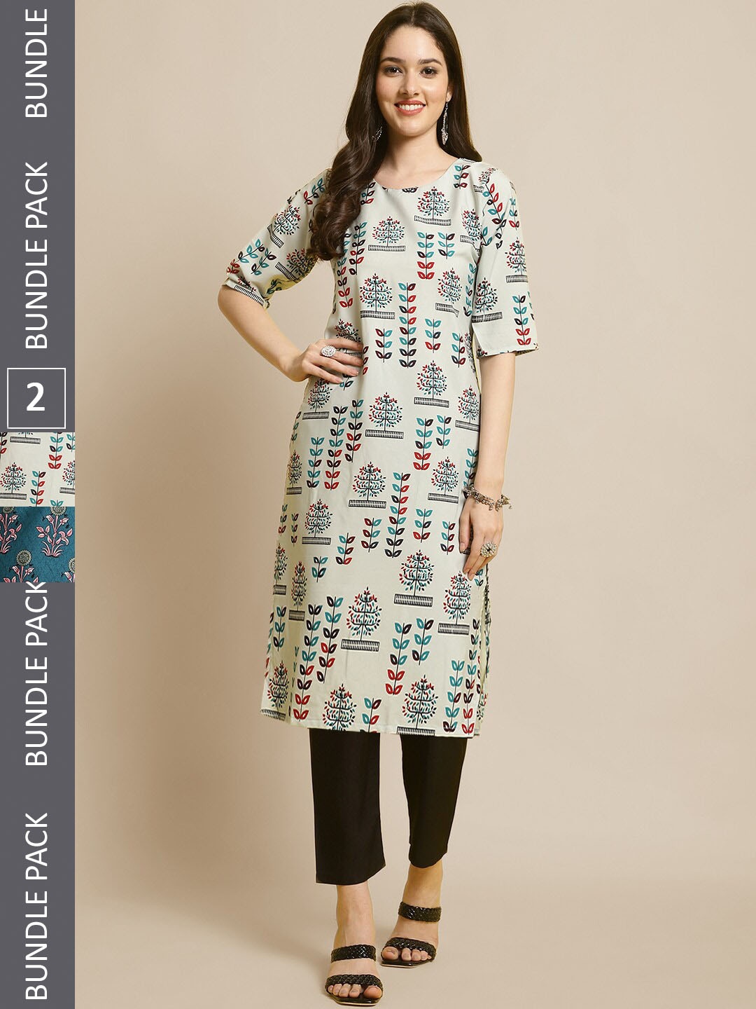 

7Threads Selection of 2 Ethnic Motifs Printed Straight Kurta with Trousers, Green
