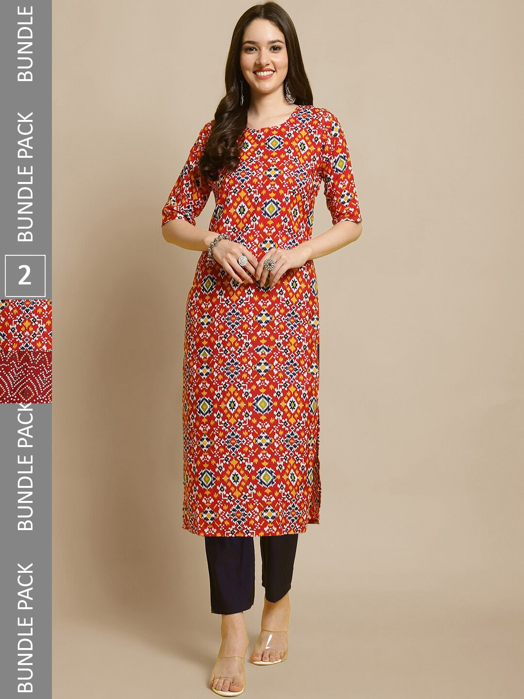 

7Threads Selection of 2 Ethnic Motifs Printed Straight Kurta with Trousers, Red