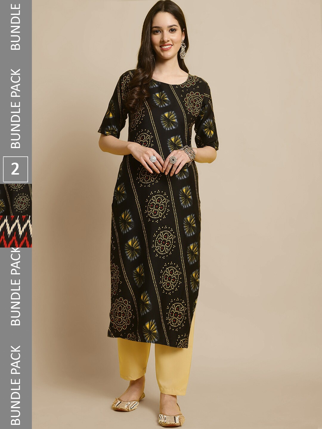 

7Threads Selection of 2 Ethnic Motifs Printed Straight Kurta With Trousers, Black