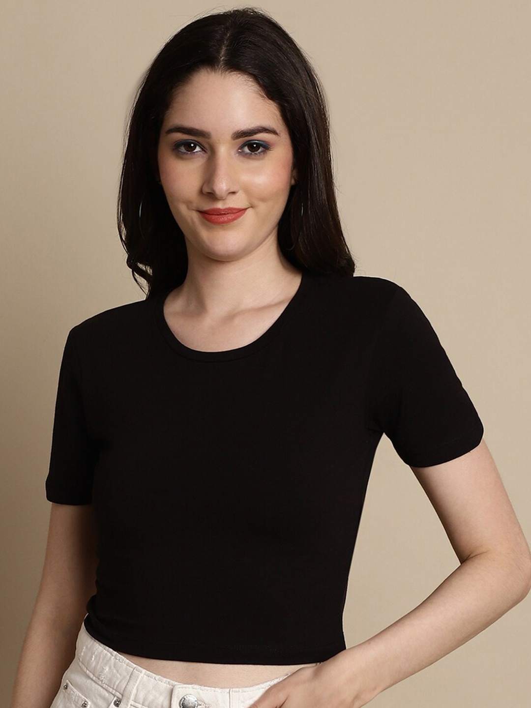 

NoBarr Cotton Round Neck Crop Top, Black