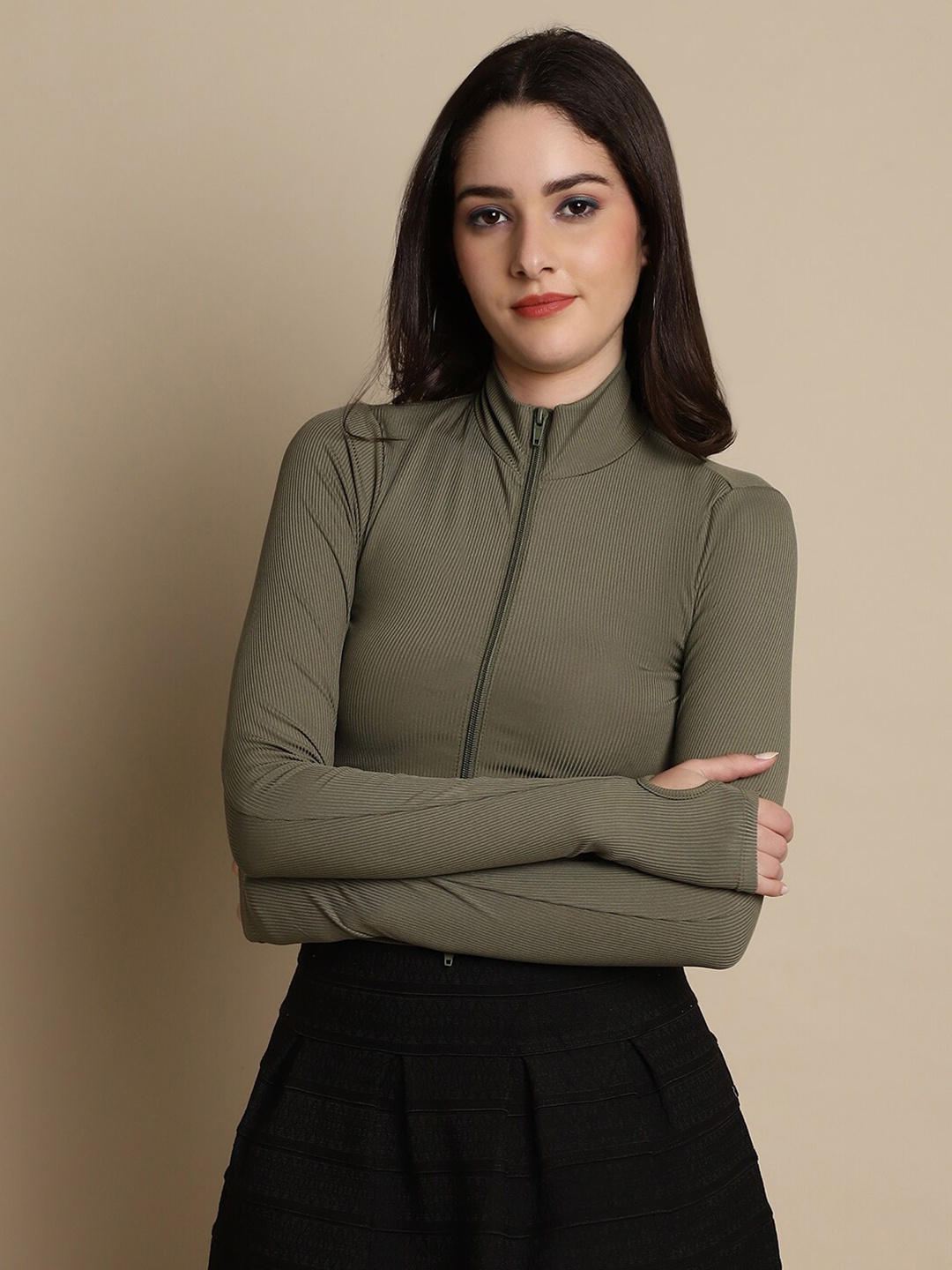 

NoBarr High Neck Crop Fitted Top, Green