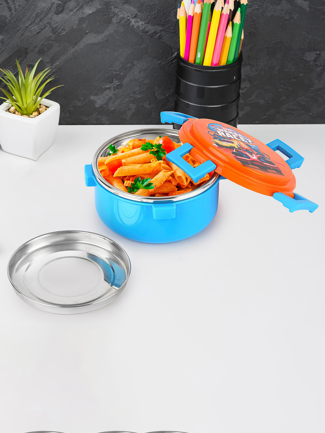 

Cello Recess Orange Hot Wheels Printed Inner Stainless Steel Big Lunch Box, Blue