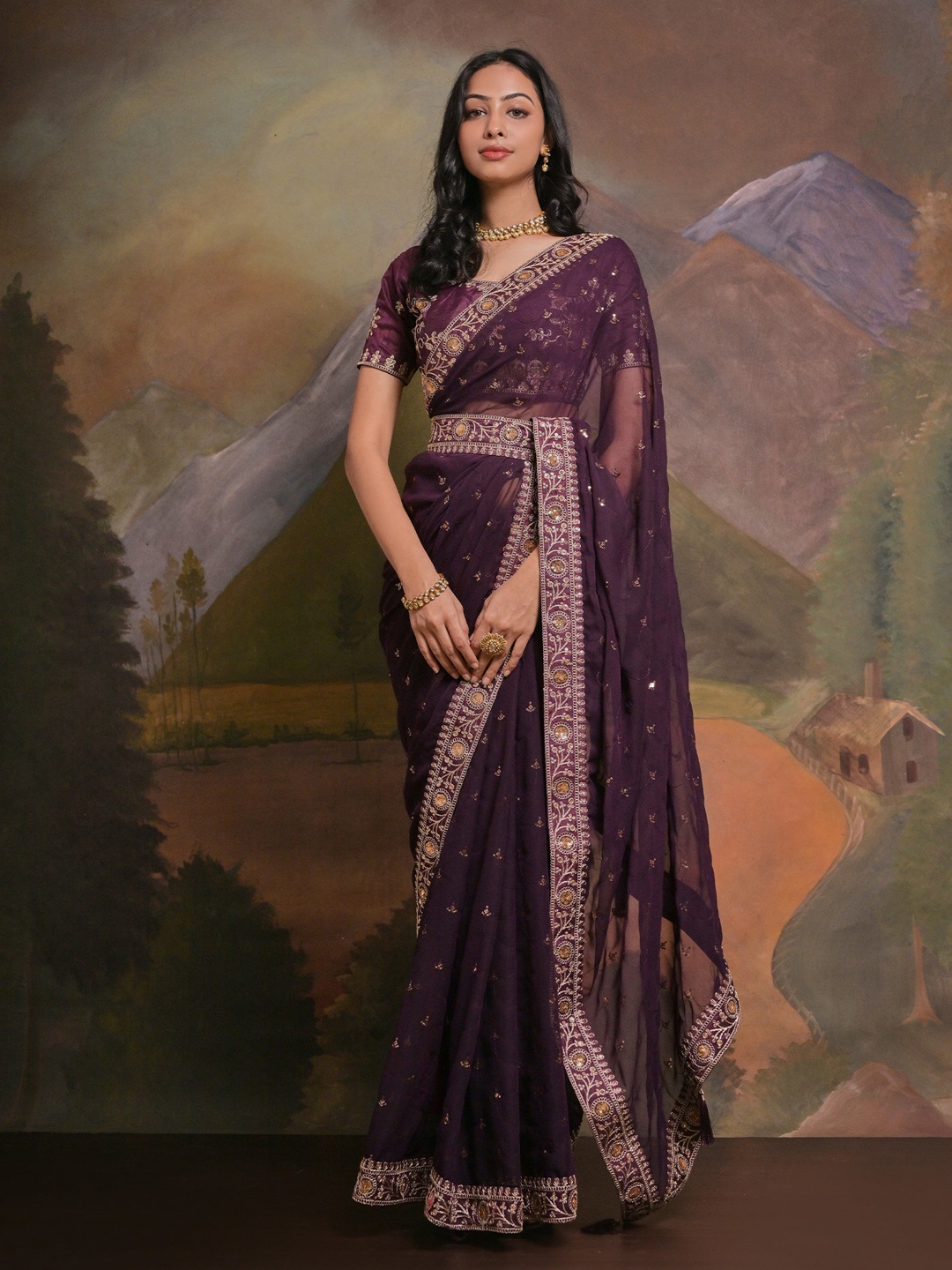 

Anouk Purple & Gold-Toned Embellished Embroidered Pure Georgette Saree