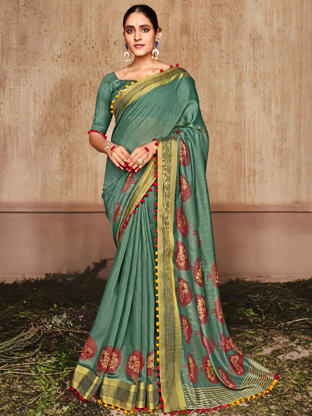 

Anouk Rustic Sea Green & Red Floral Saree