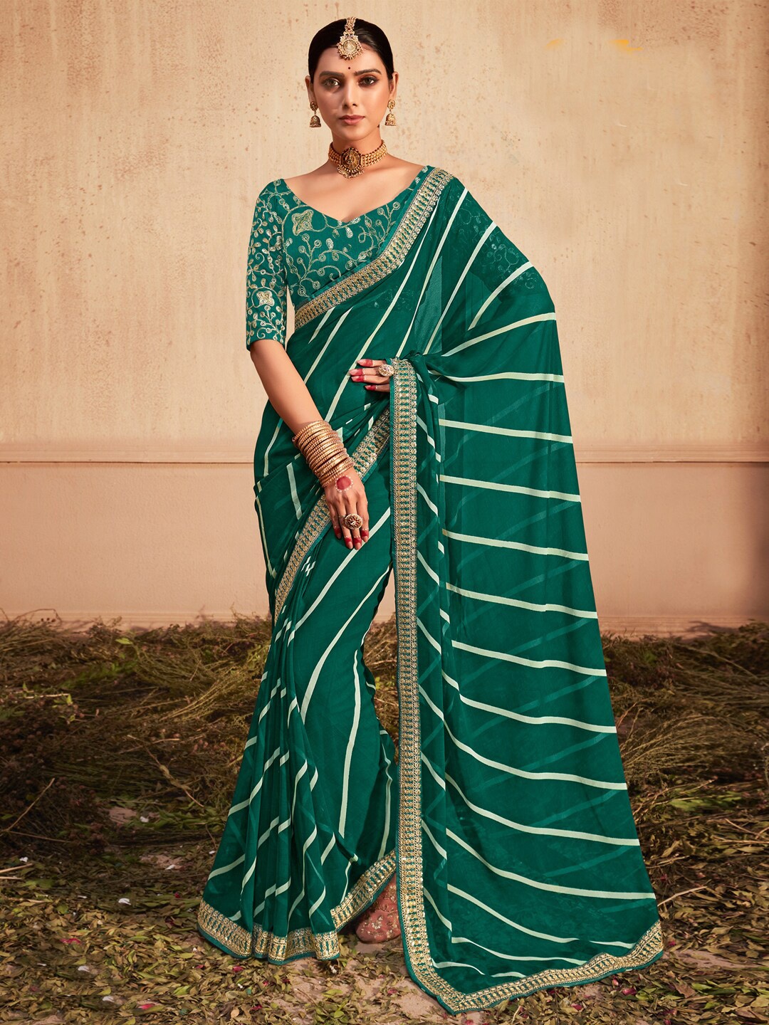 

Anouk Teal & White Leheriya Embroidered Pure Georgette Leheriya Saree