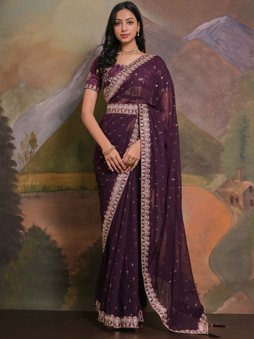 

Anouk Purple & Gold-Toned Floral Embroidered Pure Georgette Saree