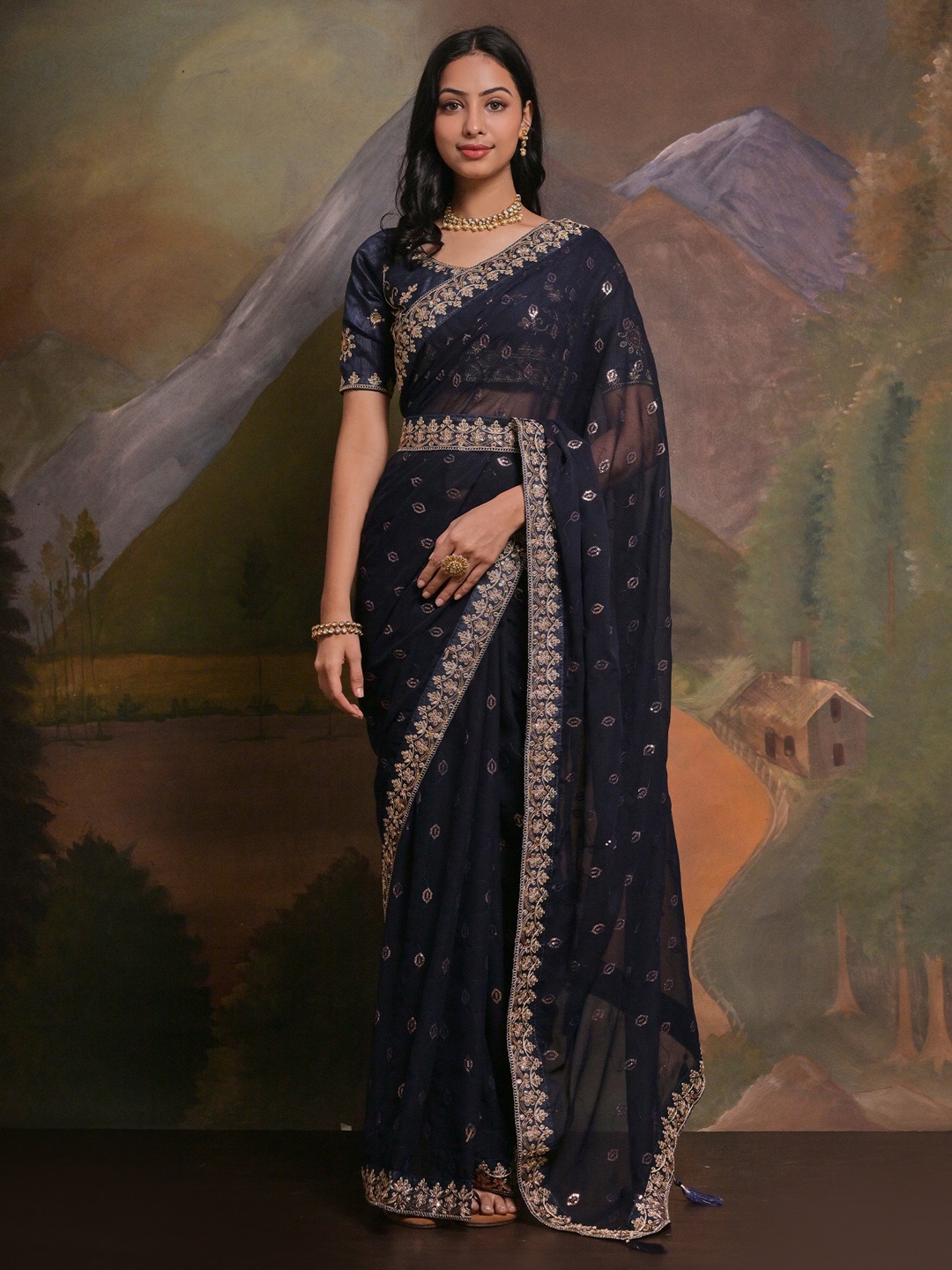 

Anouk Navy Blue & Gold-Toned Embellished Sequinned Pure Georgette Saree