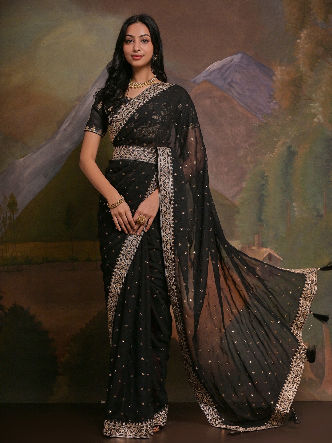 

Anouk Black & Gold-Toned Embellished Embroidered Pure Georgette Saree