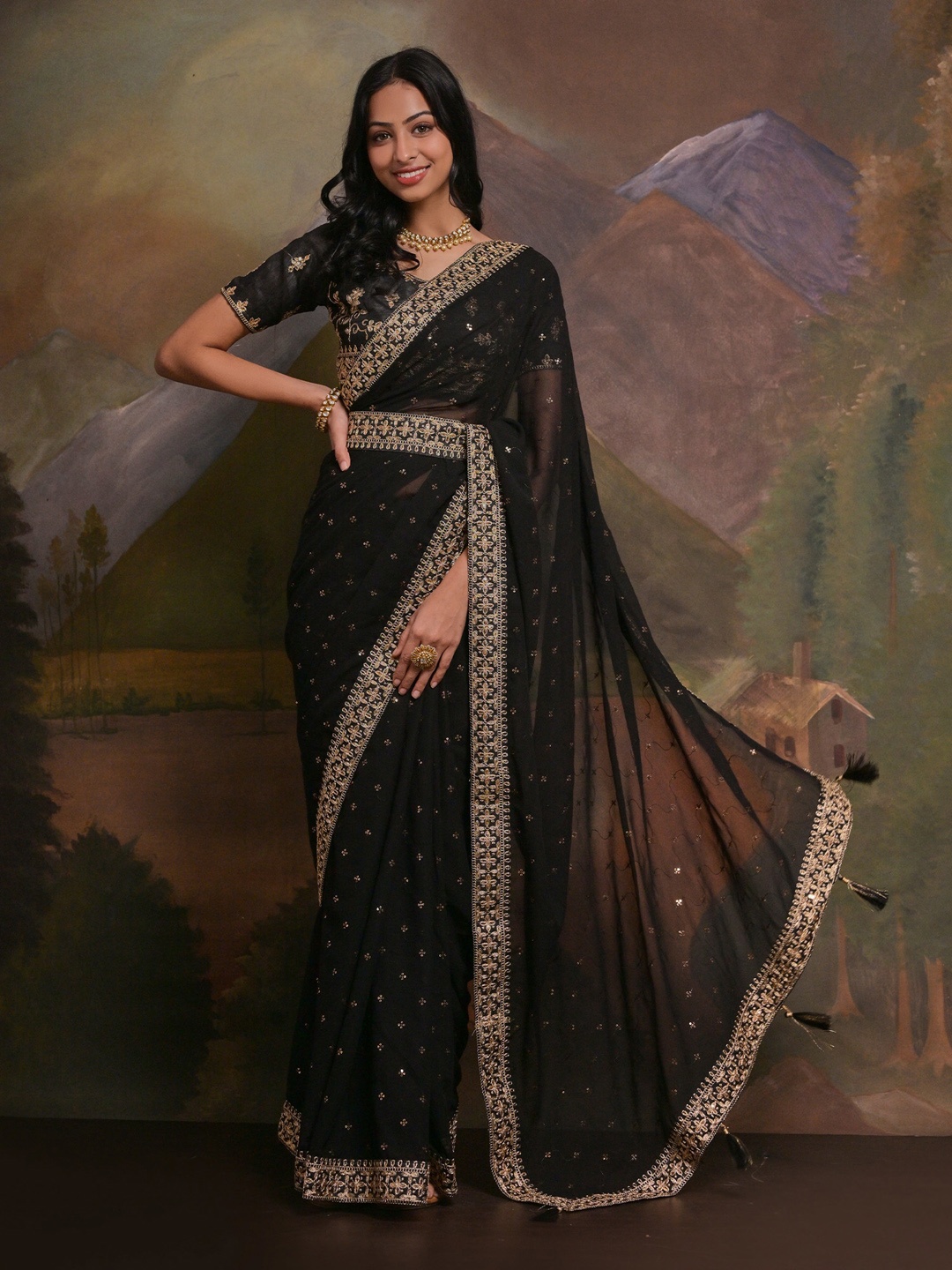 Anouk Black & Gold-Toned Floral Embroidered Pure Georgette Saree