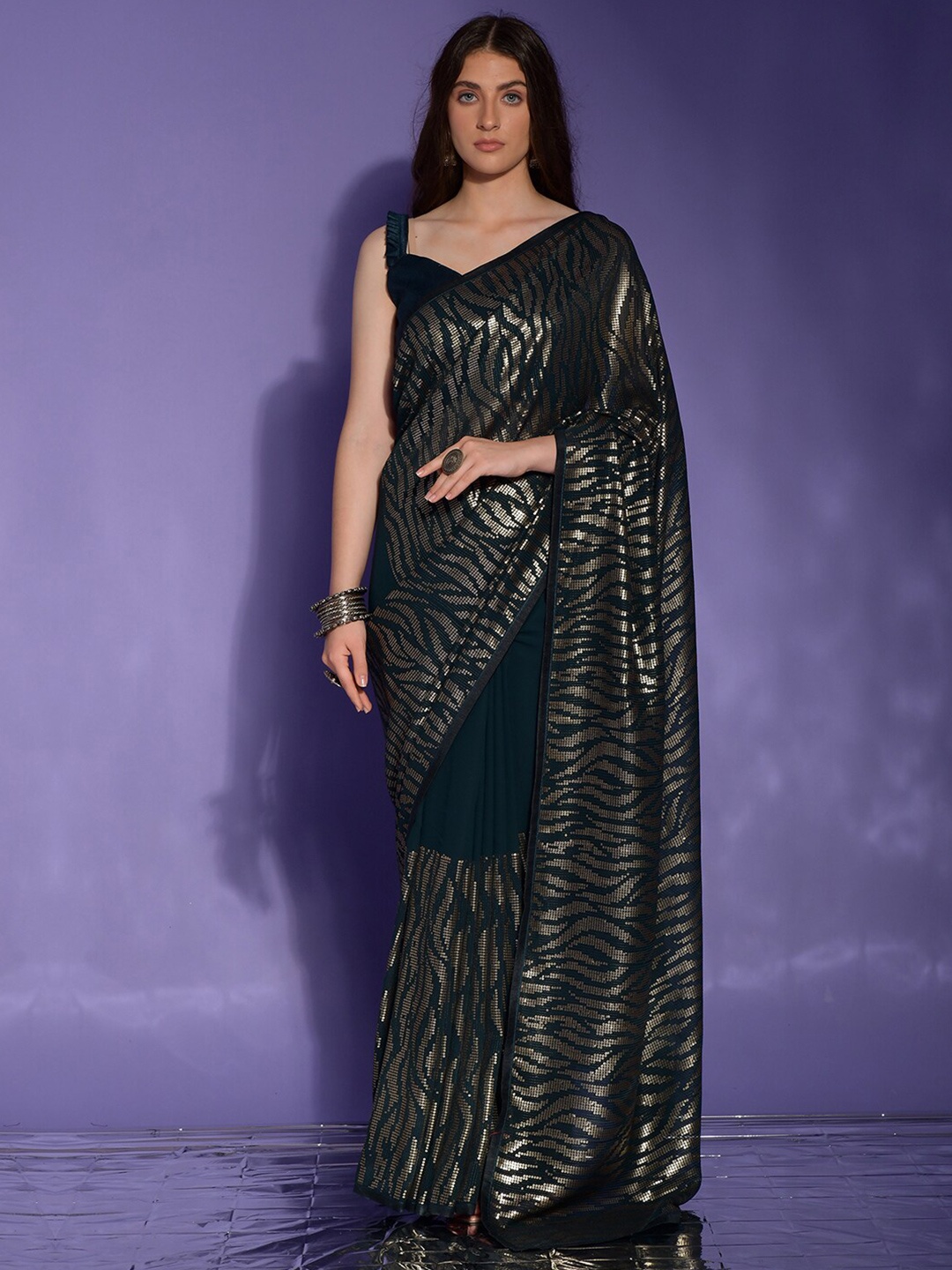 

Anouk Teal & Gold-Toned Sequinned Pure Georgette Saree