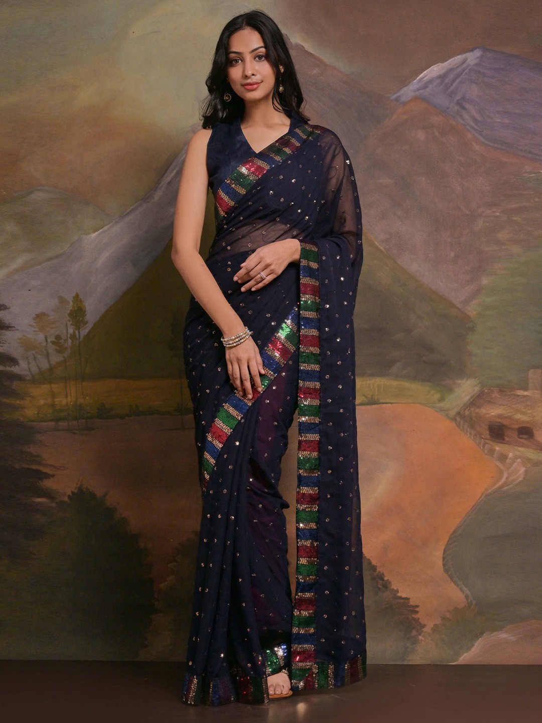 Anouk Navy Blue & Gold-Toned Floral Sequinned Pure Georgette Saree