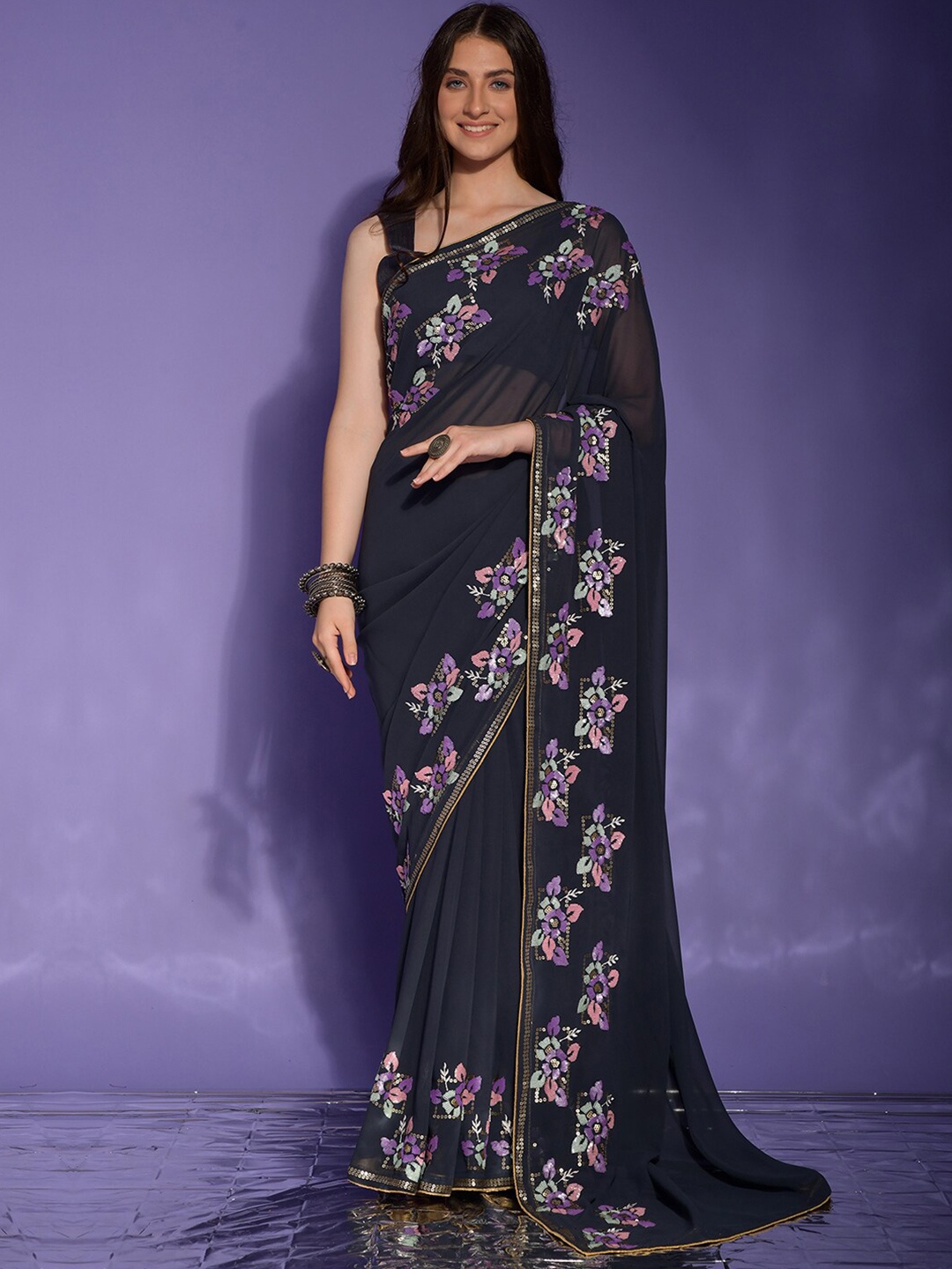 

Anouk Grey & Purple Embellished Sequinned Pure Georgette Saree