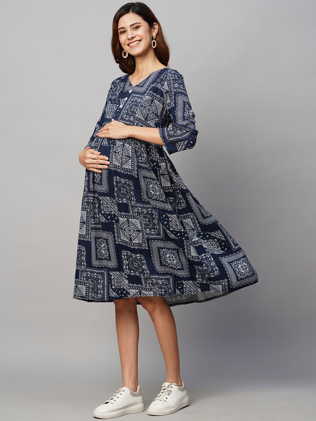 

MomToBe Ethnic Motifs Print Maternity A-Line Dress, Navy blue