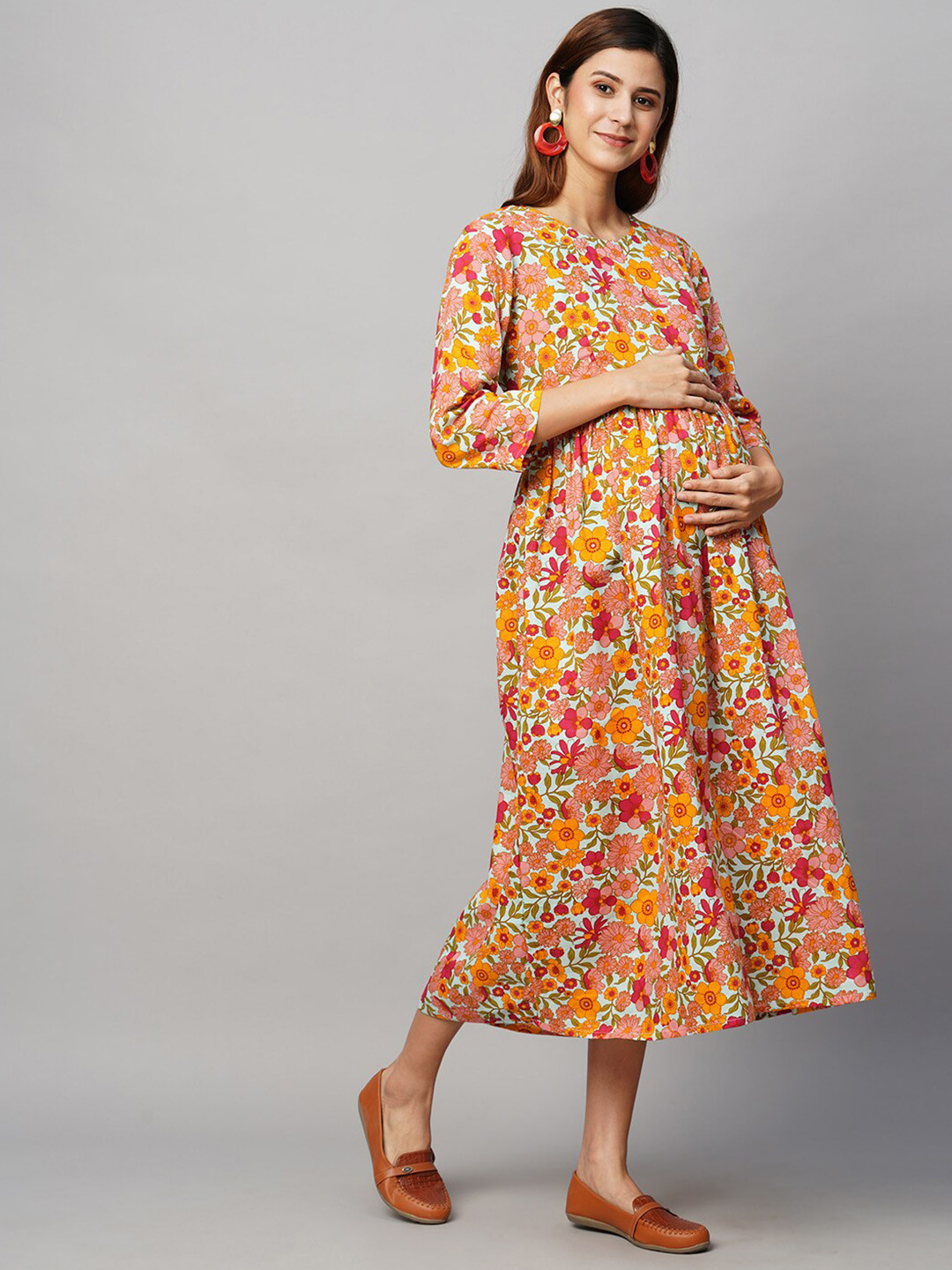 

MomToBe Floral Printed Cotton Maternity A-Line Midi Sustainable Dress, Blue