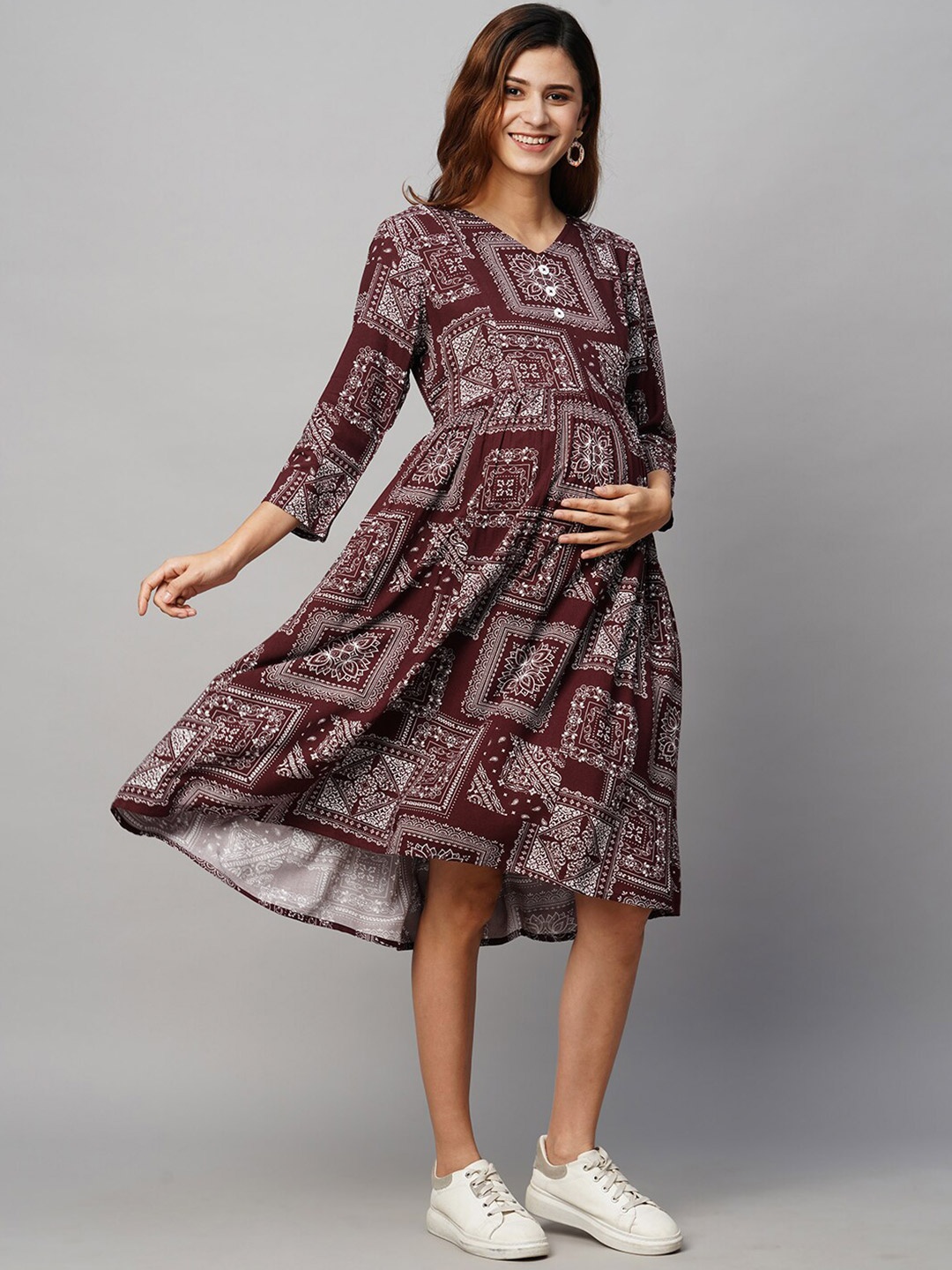 

MomToBe Ethnic Motifs Printed Maternity A-Line Midi Dress, Maroon