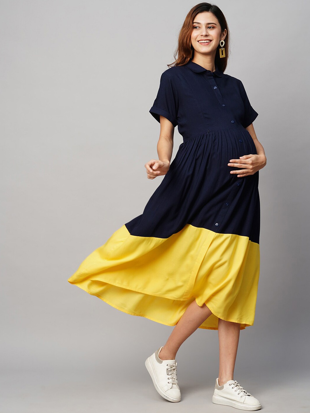 

MomToBe Colourblocked Maternity Shirt Style Midi Sustainable Dress, Navy blue