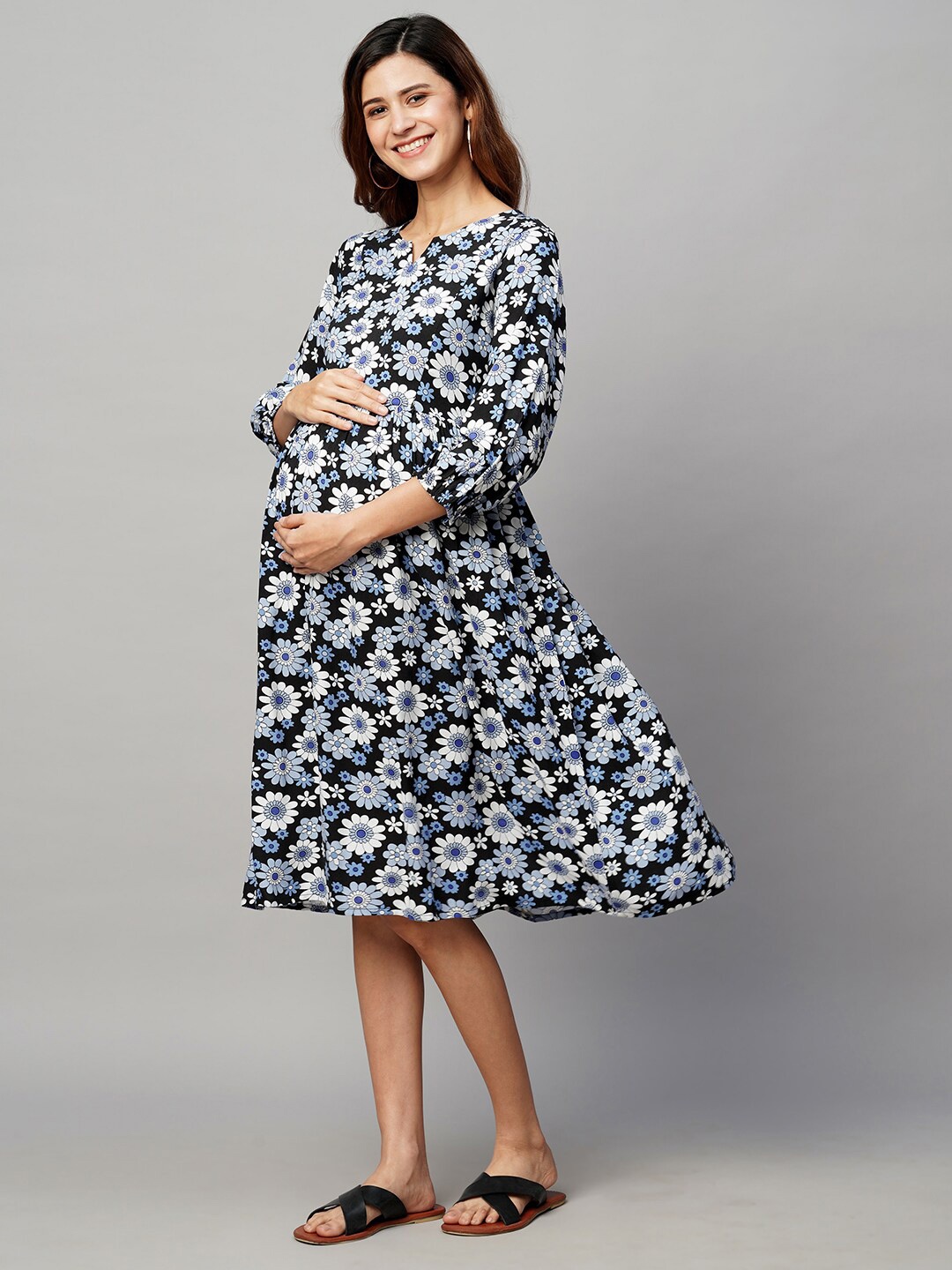 

MomToBe Floral Printed Maternity A-Line Midi Dress, Black