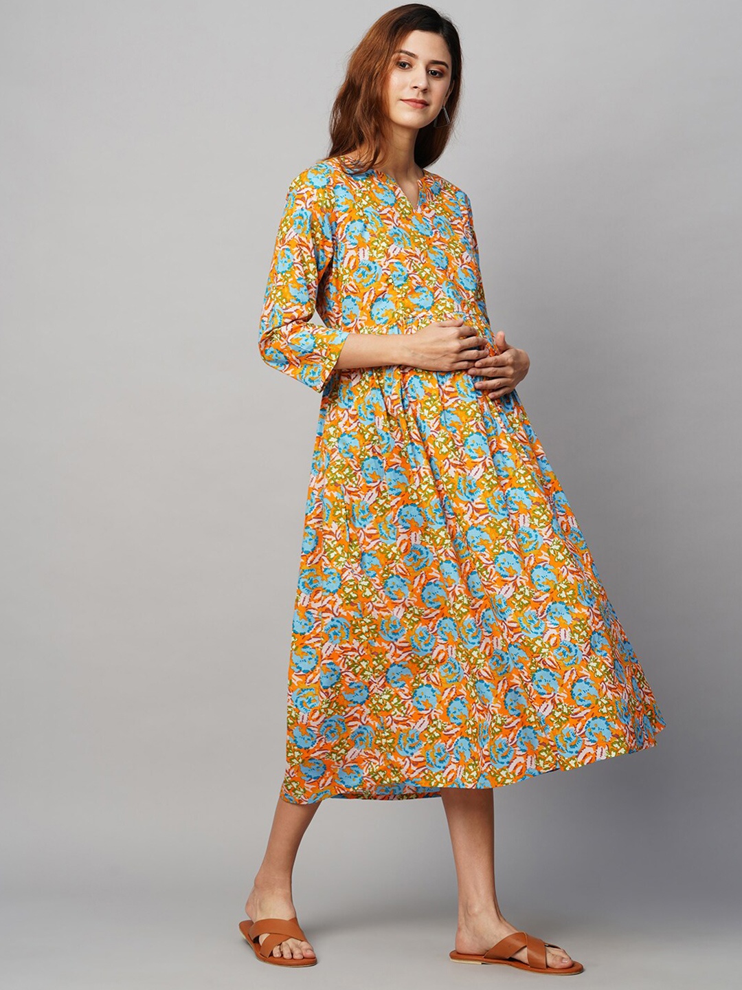 

MomToBe Floral Printed Cotton Maternity A-Line Midi Dress, Orange