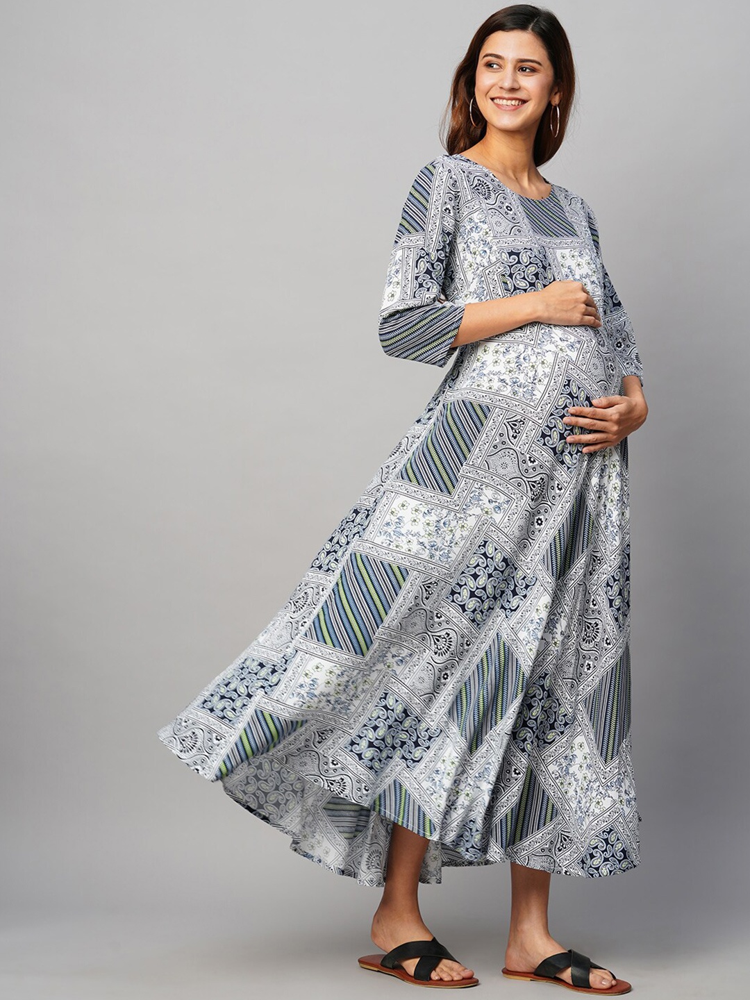 

MomToBe Ethnic Motifs Printed Maternity Maxi Sustainable Dress, Blue