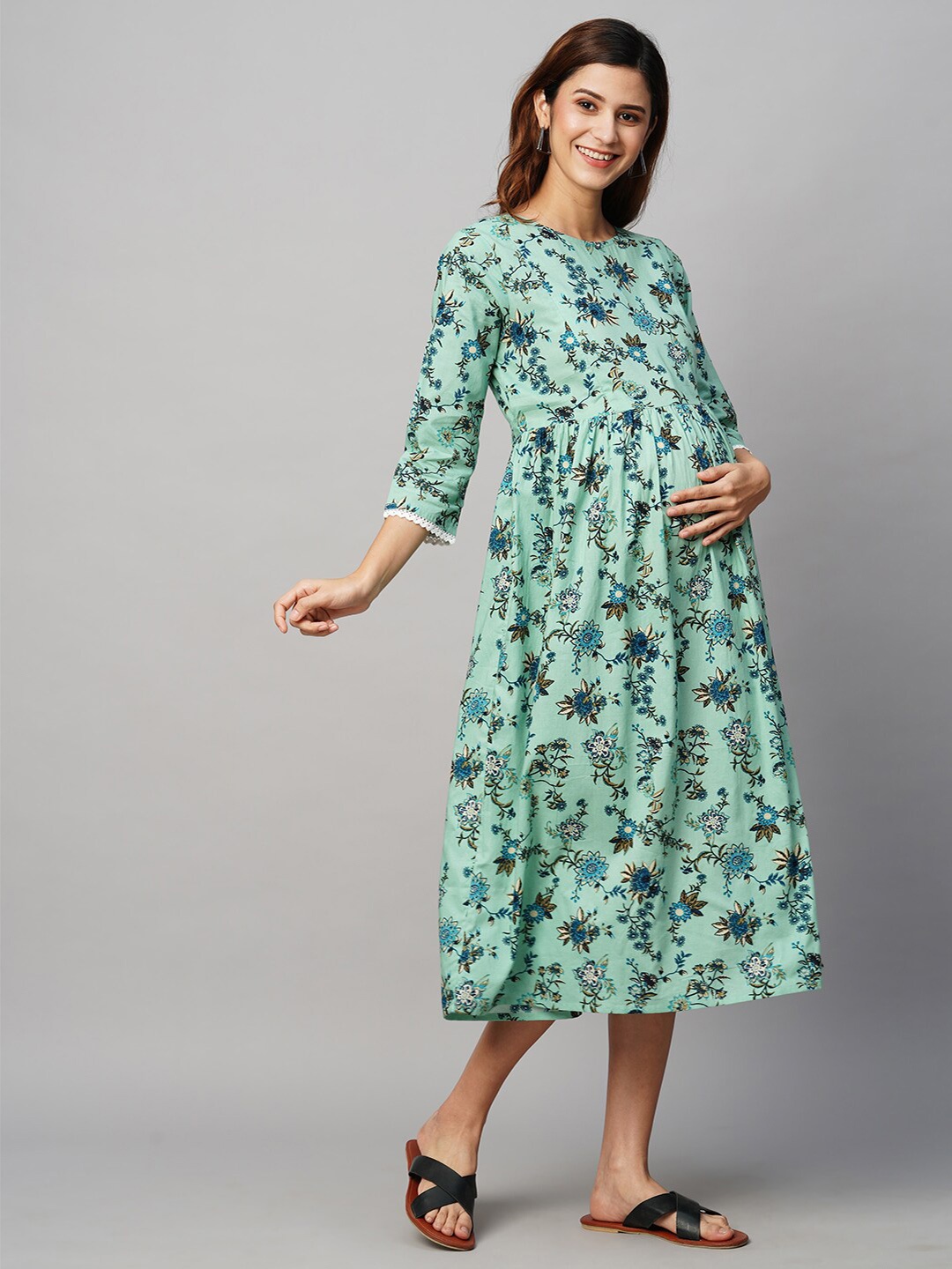

MomToBe Floral Printed Cotton Maternity A-Line Midi Sustainable Dress, Sea green