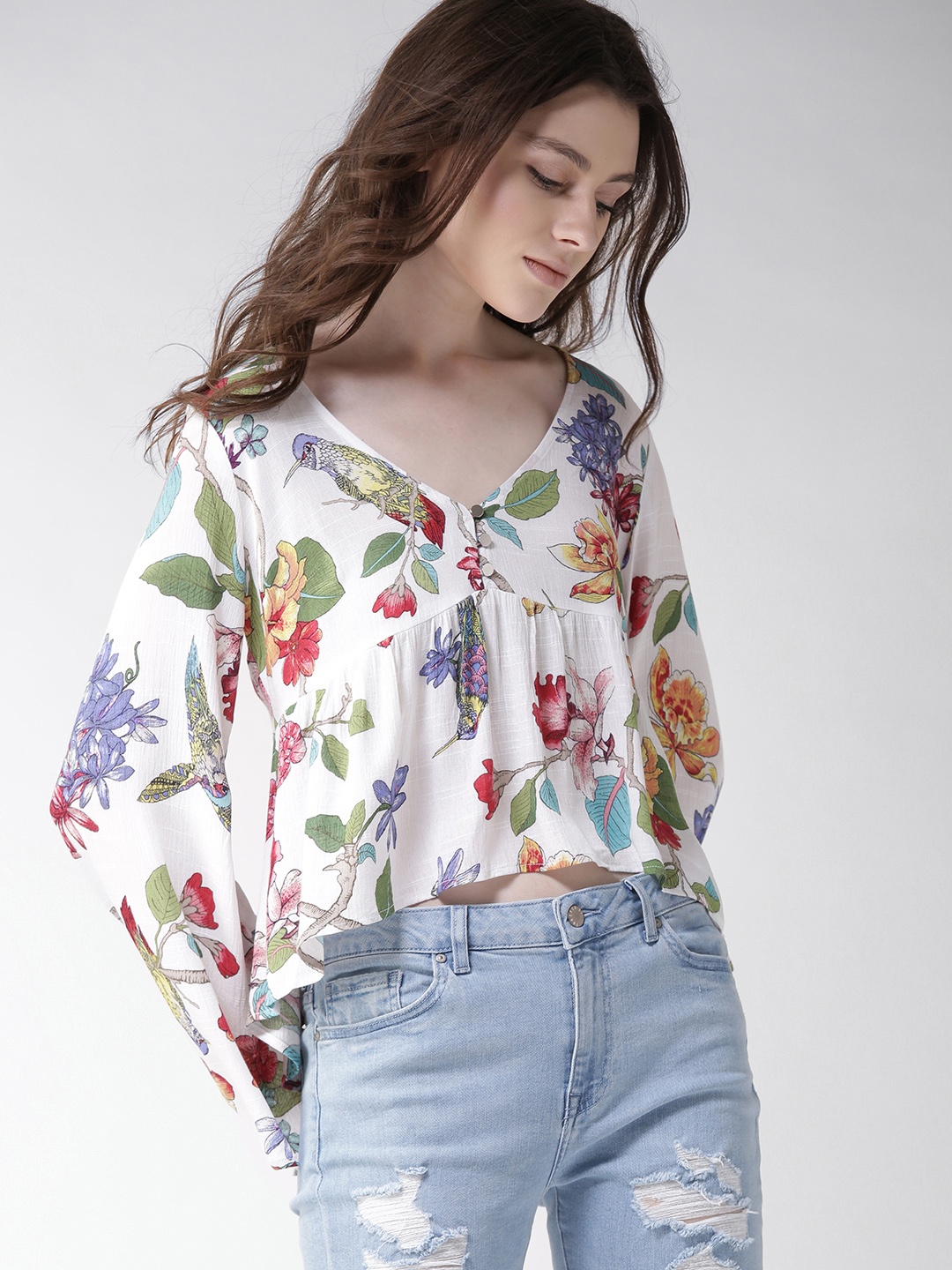 

FOREVER 21 Women White Printed A-Line Crop Top