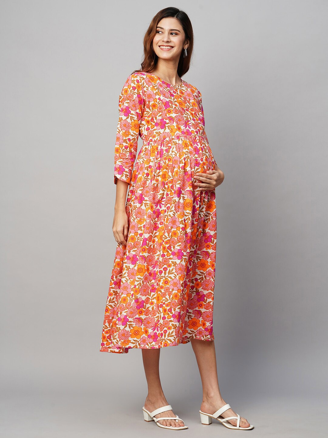 

MomToBe Floral Printed Cotton Maternity A-Line Midi Sustainable Dress, Cream
