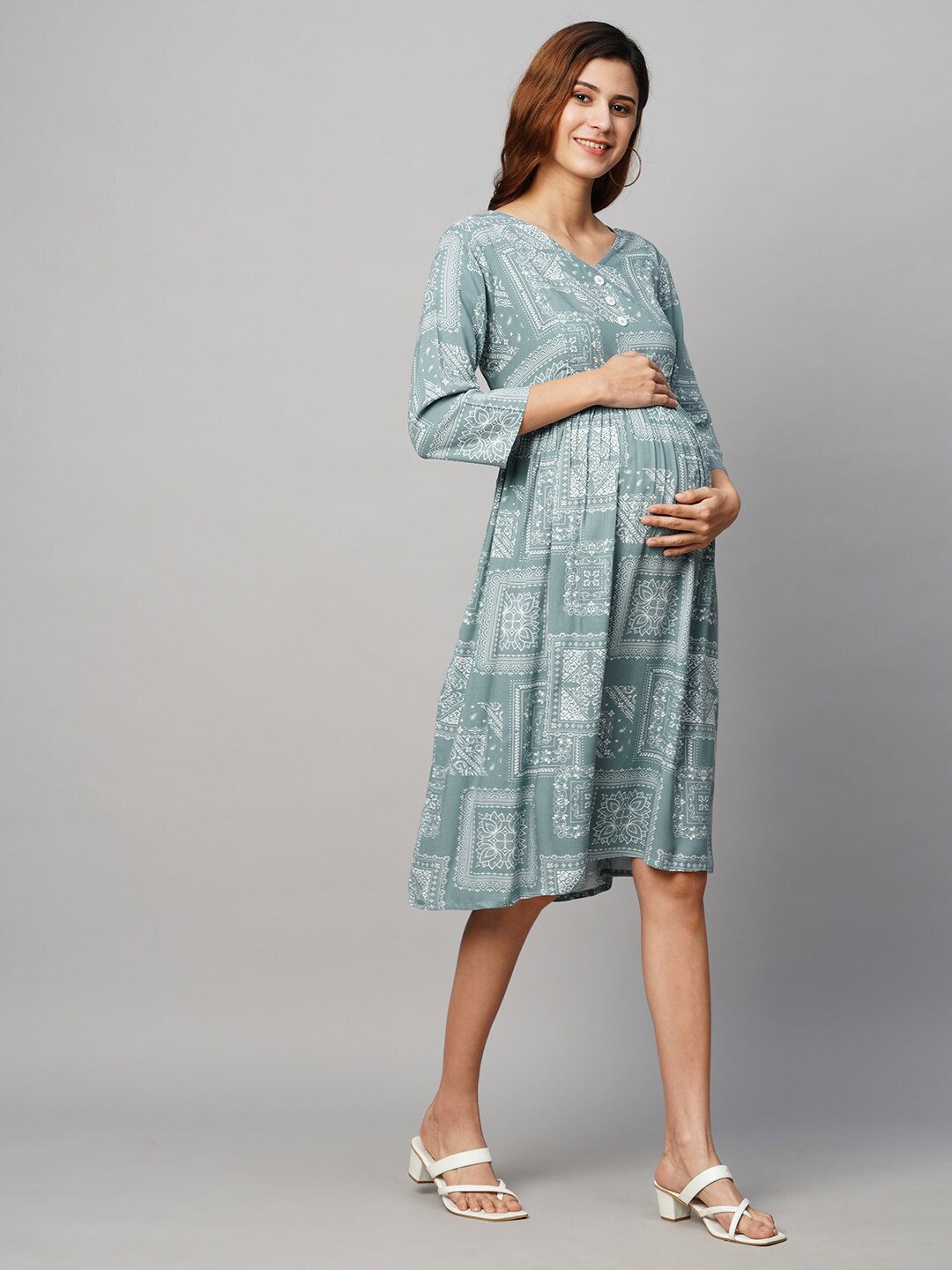 

MomToBe Ethnic Motifs Printed Maternity A-Line Sustainable Dress, Grey