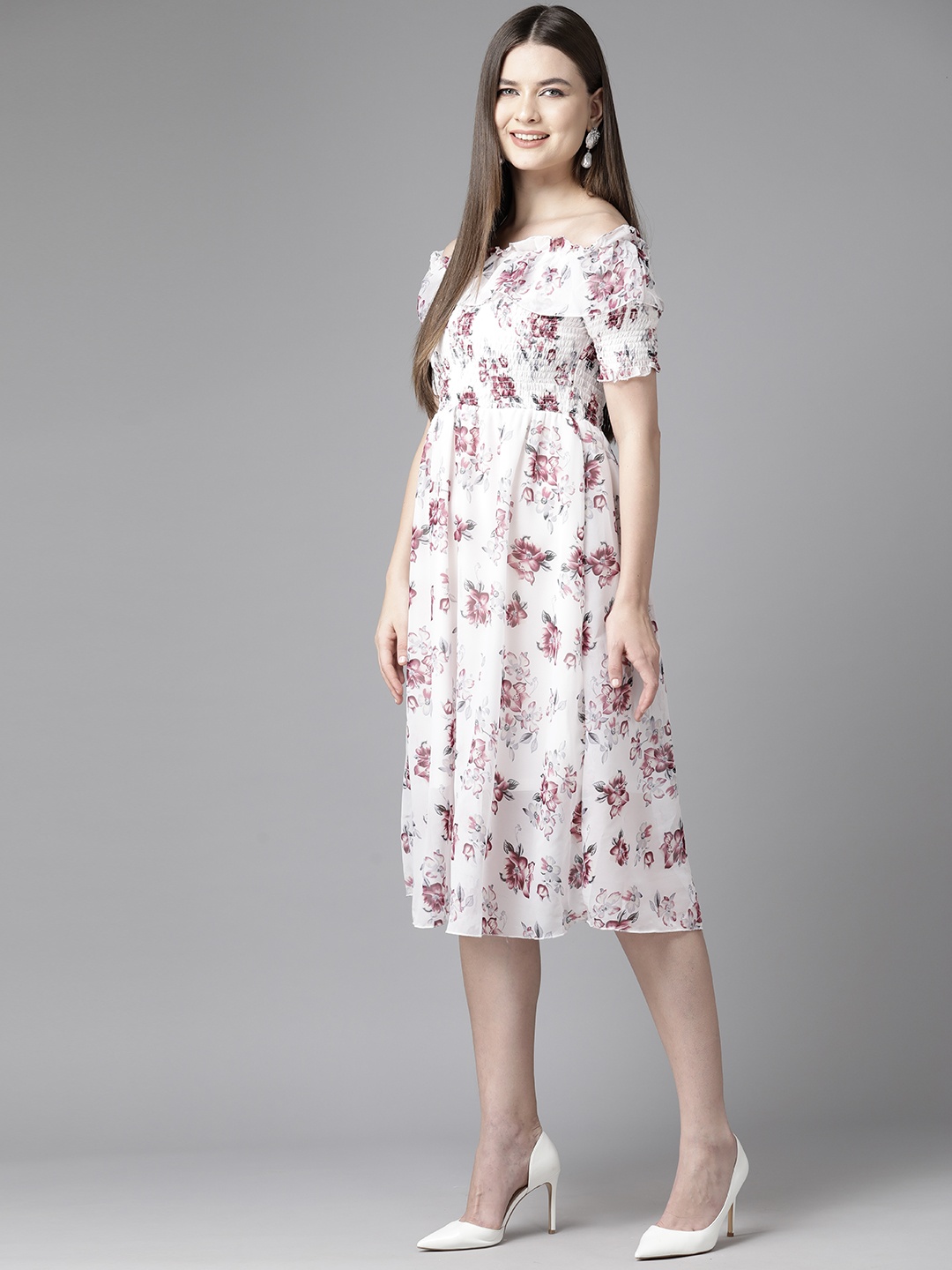 

Aarika Floral Print Off-Shoulder Smocked Georgette Fit & Flare Dress, White