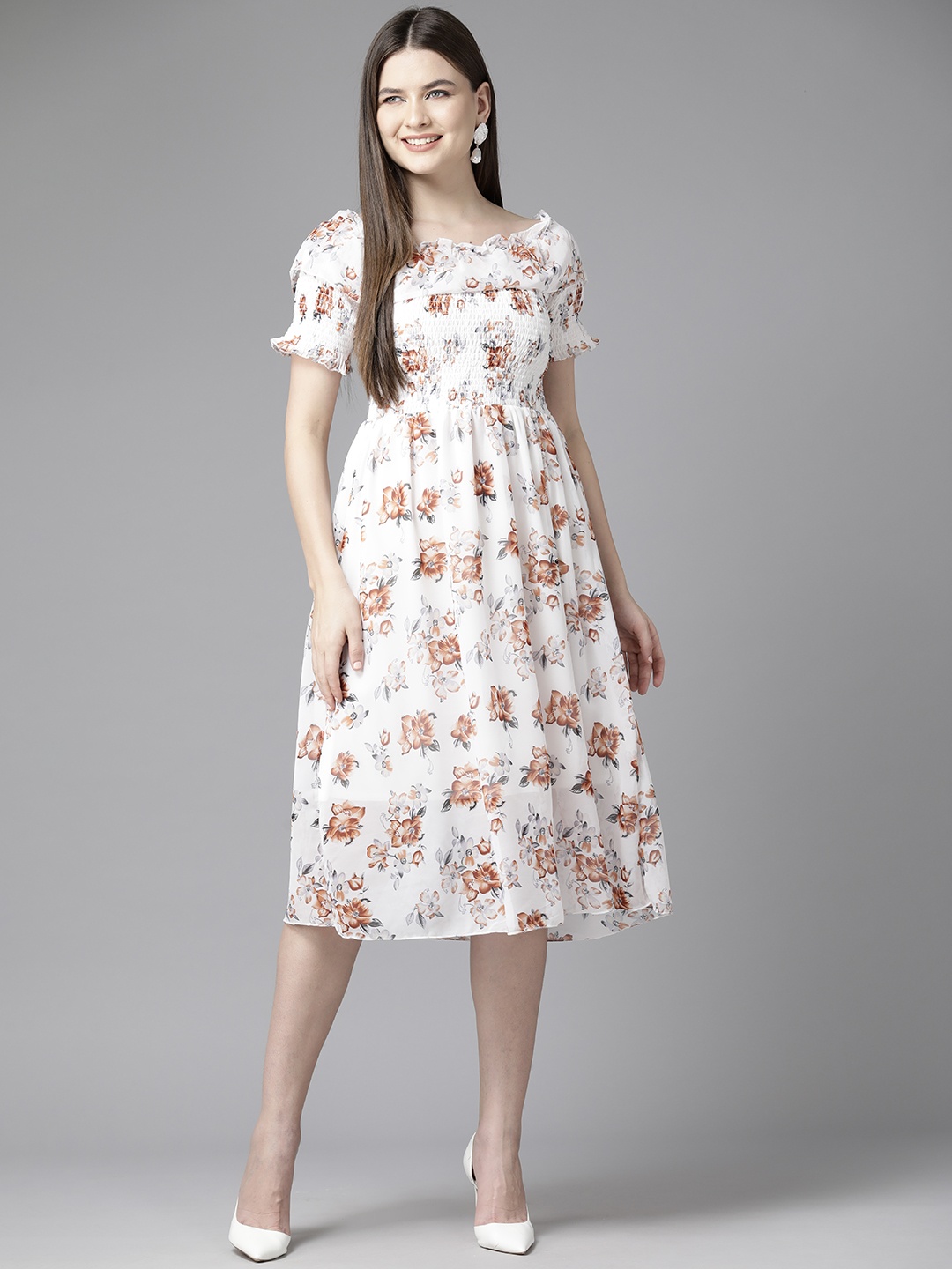 

Aarika Floral Print Off-Shoulder Puff Sleeves Smocked Georgette Fit & Flare Dress, White