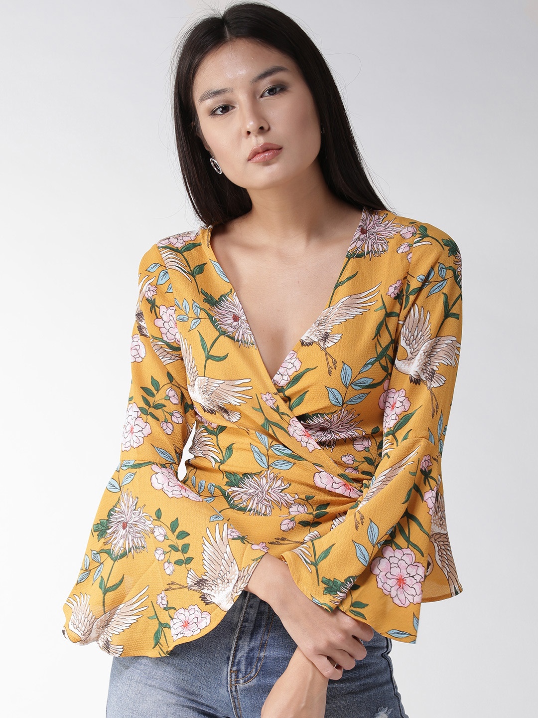 

FOREVER 21 Women Mustard Yellow Floral Print Wrap Top