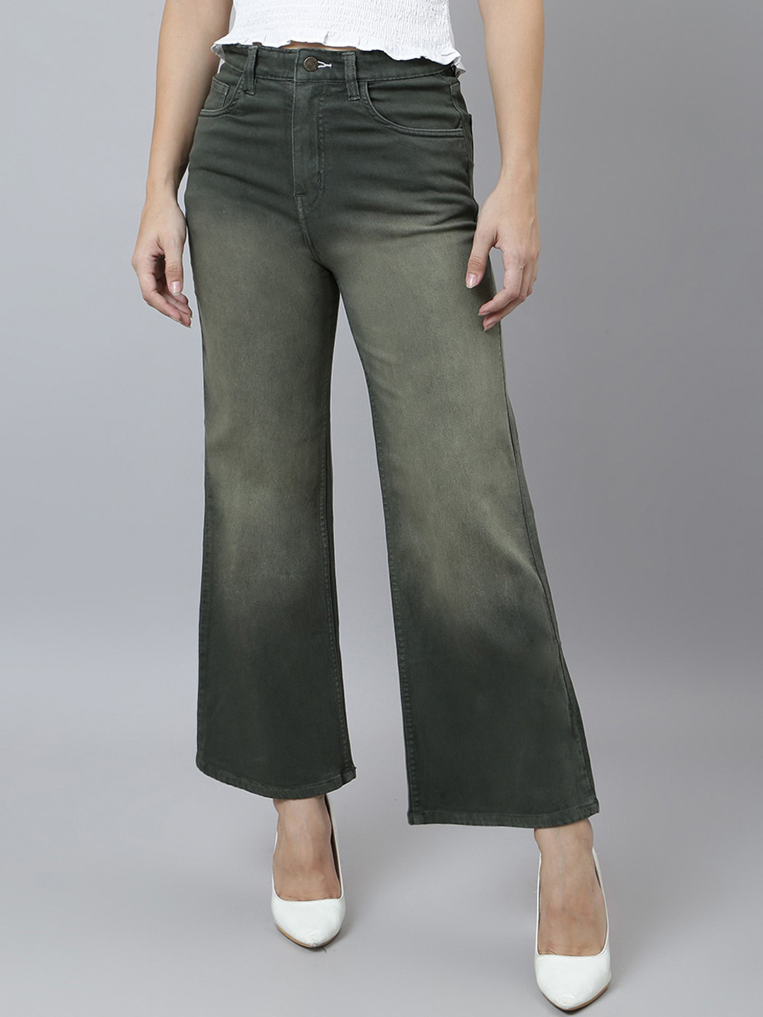 

BAESD Women High-Rise Light Fade Clean Look Stretchable Wide Leg Jeans, Green