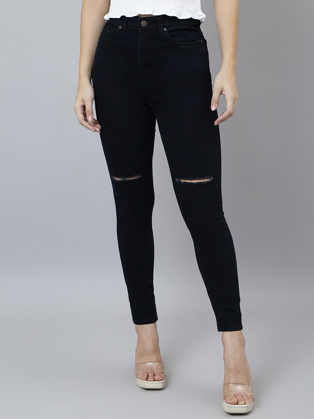 

BAESD Women Skinny Fit High-Rise Slash Knee Stretchable Jeans, Black