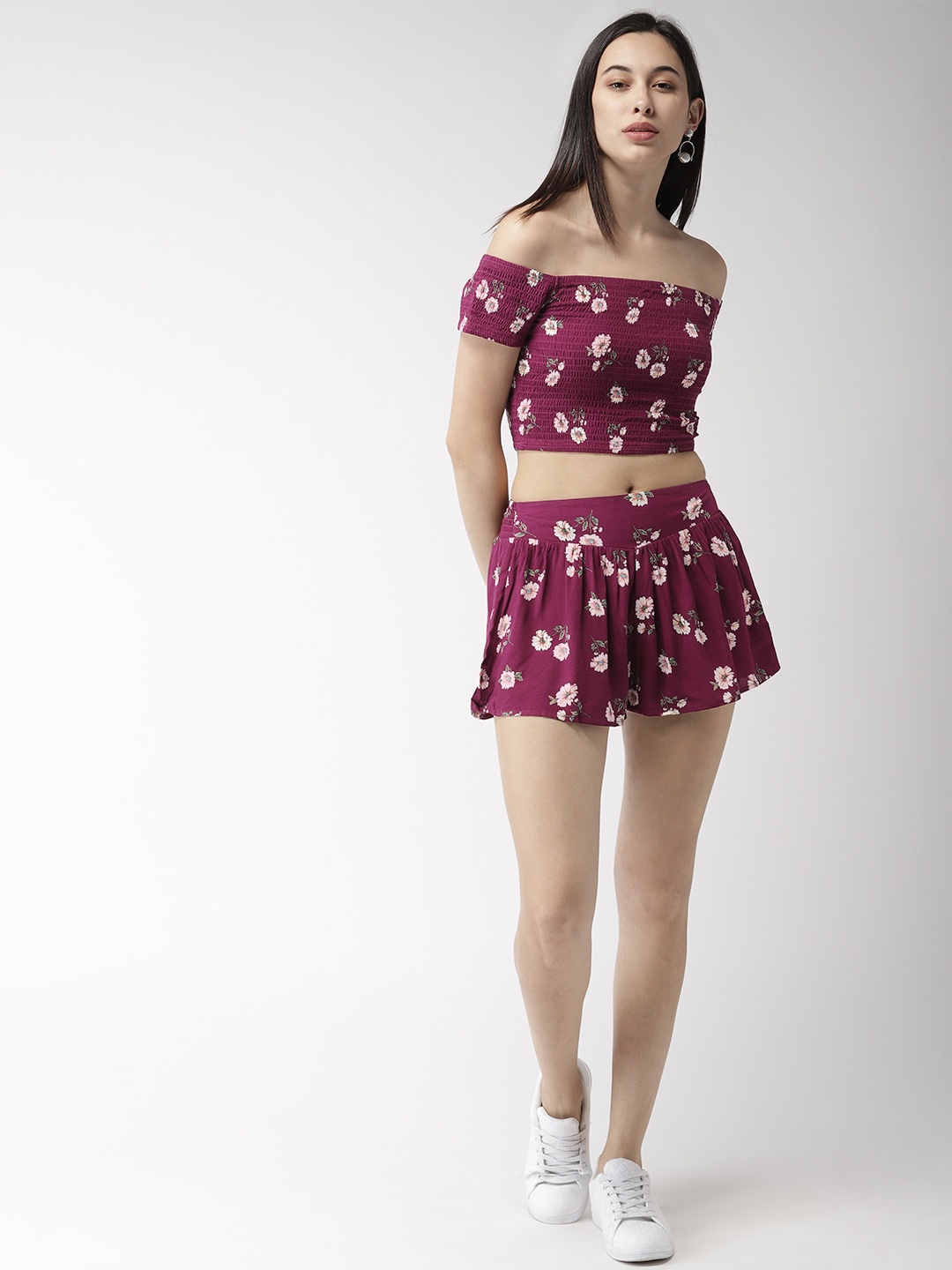 

FOREVER 21 Women Magenta Printed Bardot Top with Shorts