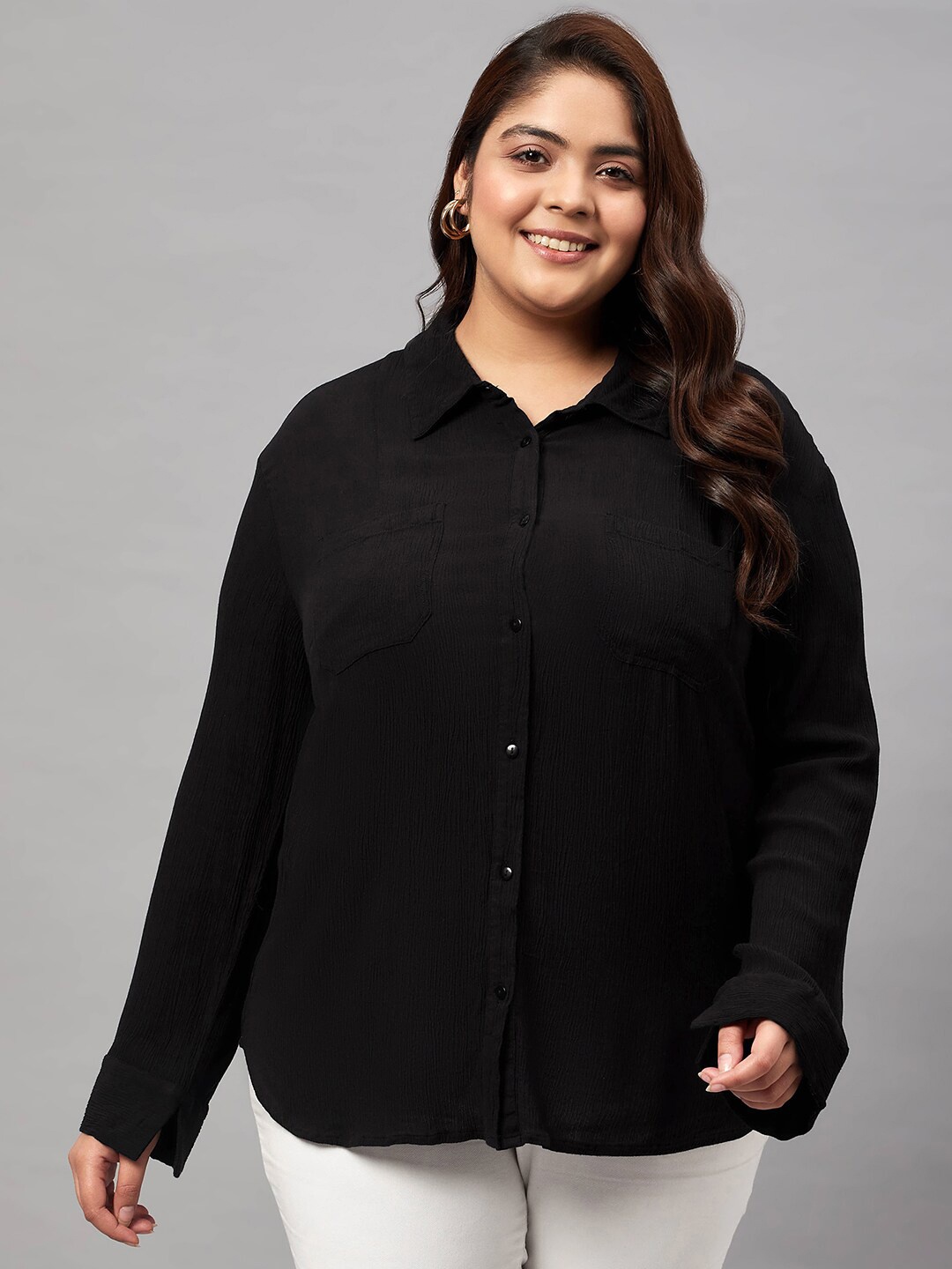 

Oxolloxo Plus Size Long Sleeves Opaque Casual Shirt, Black