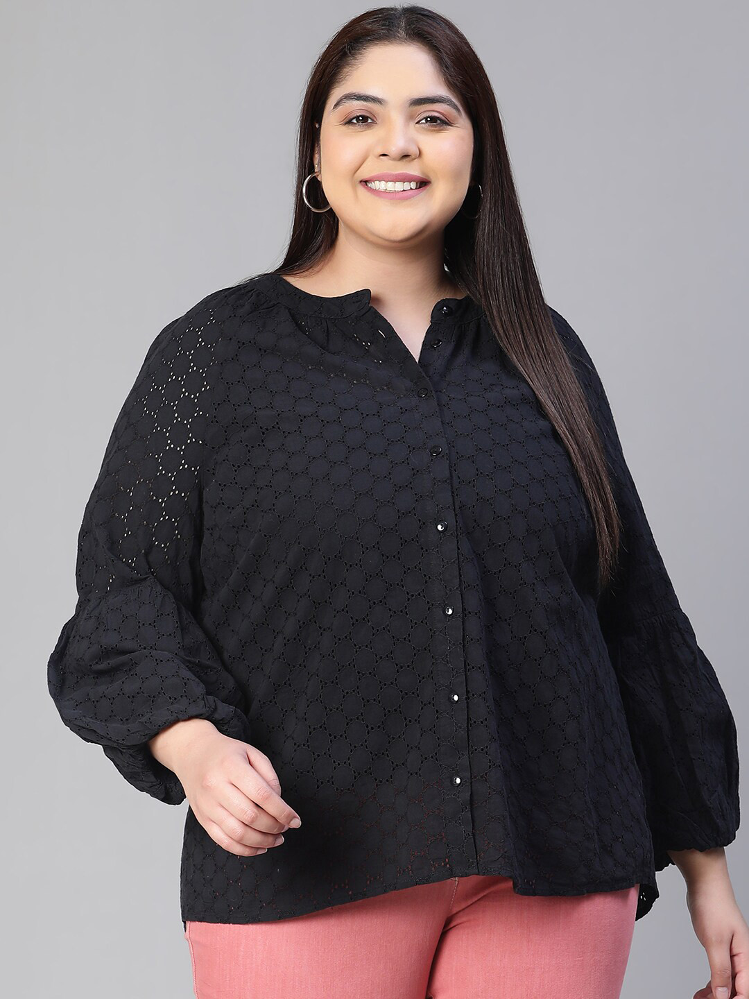 

Oxolloxo Plus Size Schiffli Round Neck Long Sleeve Cotton Shirt, Black