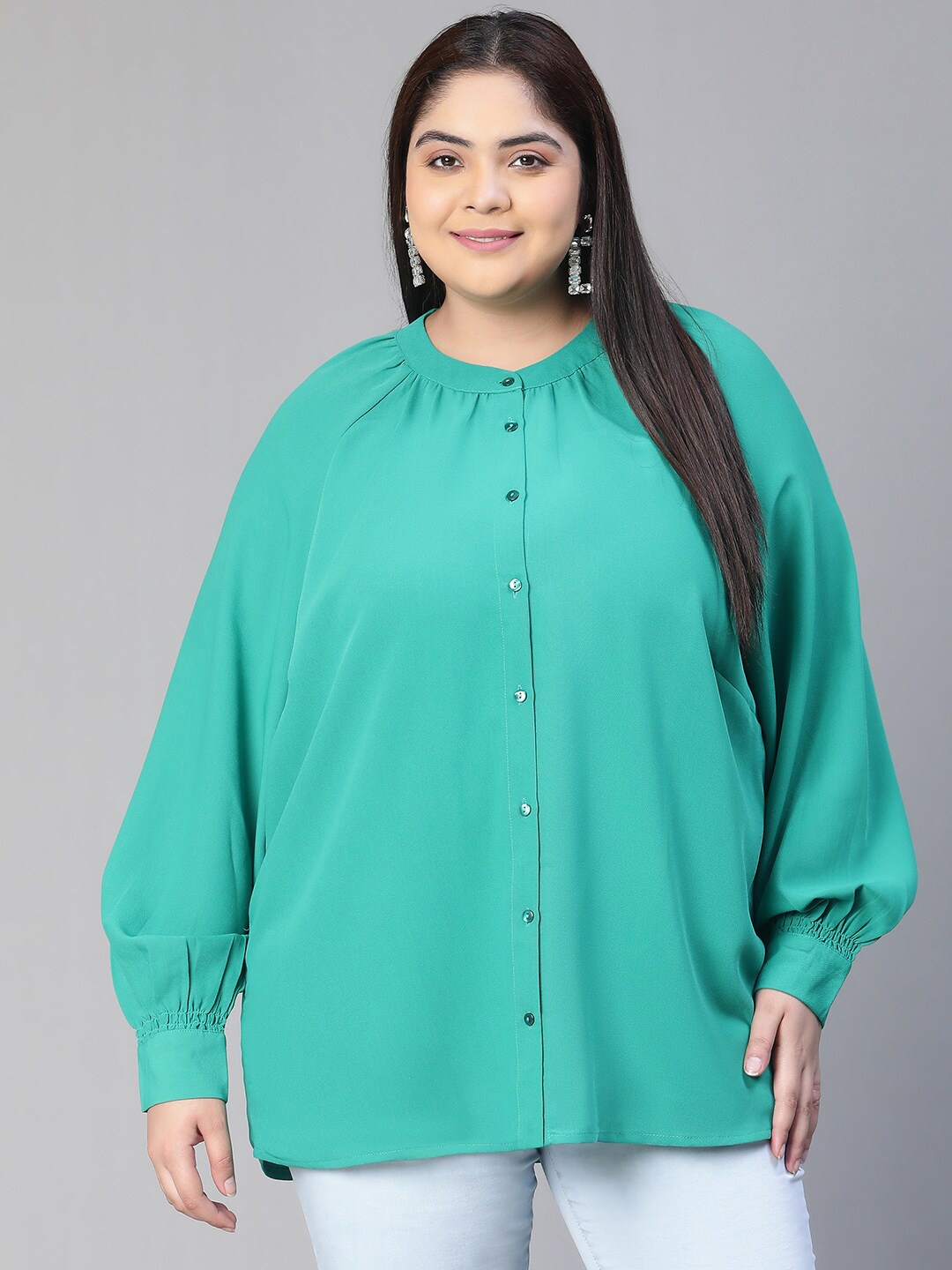 

Oxolloxo Plus Size Relaxed Boxy Band Collar Round Neck Long Sleeve Shirt, Sea green