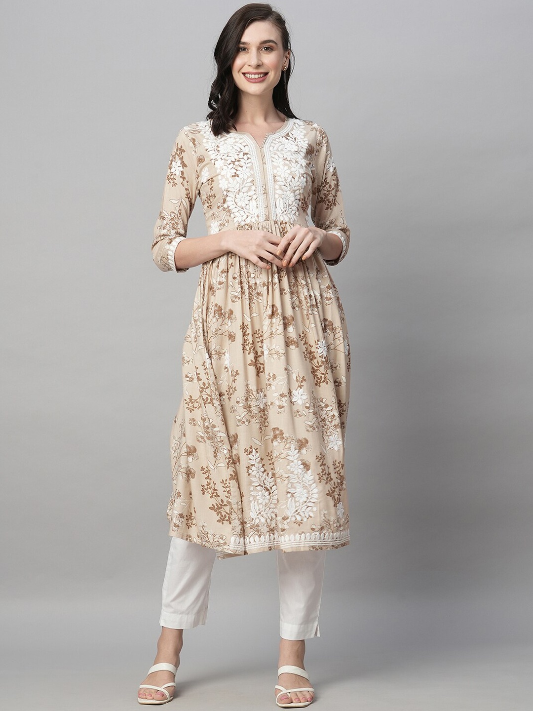

RATAN Round Neck Floral Printed Embroidered Yoke Design Thread Work Anarkali Kurta, Beige