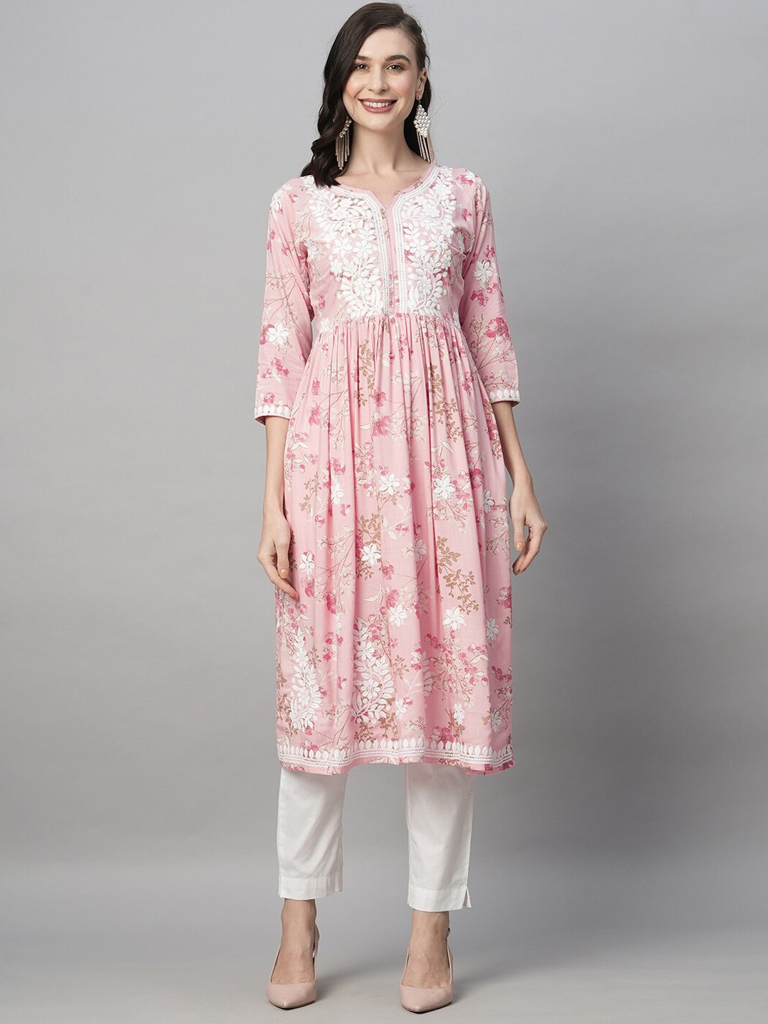 

RATAN Round Neck Floral Printed Embroidered Yoke Design Thread Work Anarkali Kurta, Pink